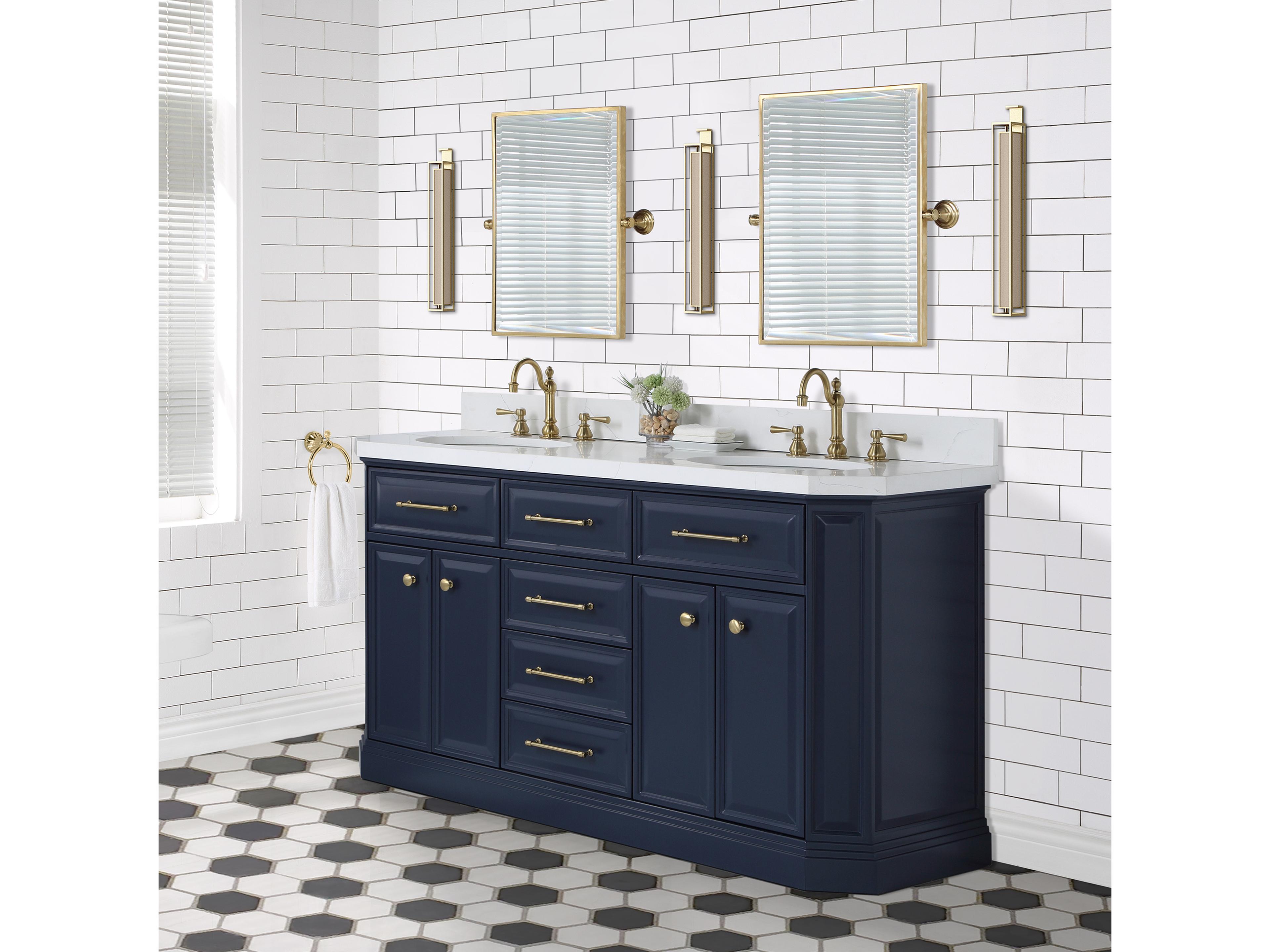 Water Creation Palace Double Sink Carrara Quartz Countertop Bath Vanity in Monarch Blue with Satin Gold Hardware and Hook Faucets