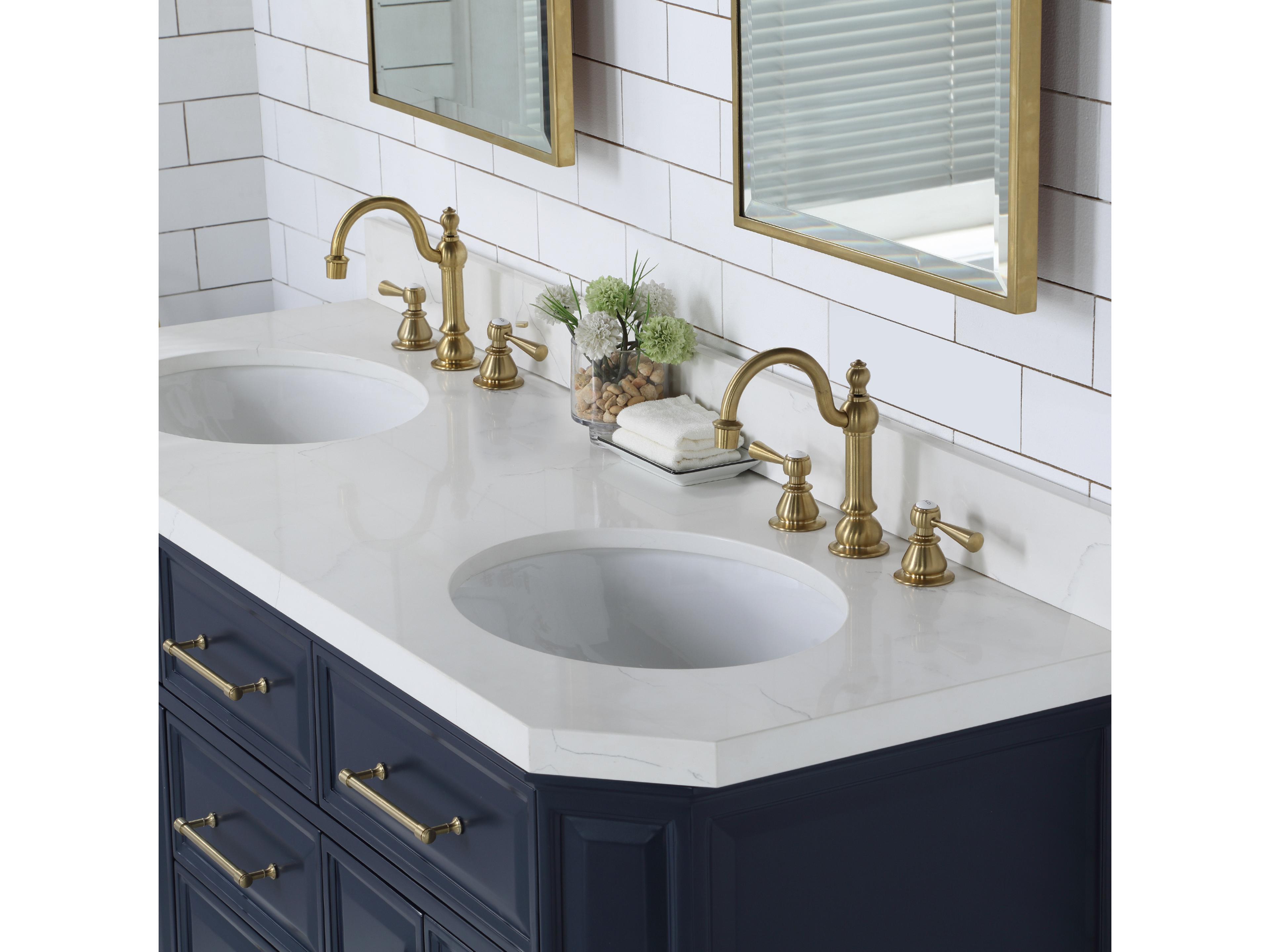 Water Creation Palace Double Sink Carrara Quartz Countertop Bath Vanity in Monarch Blue with Satin Gold Hardware and Hook Faucets