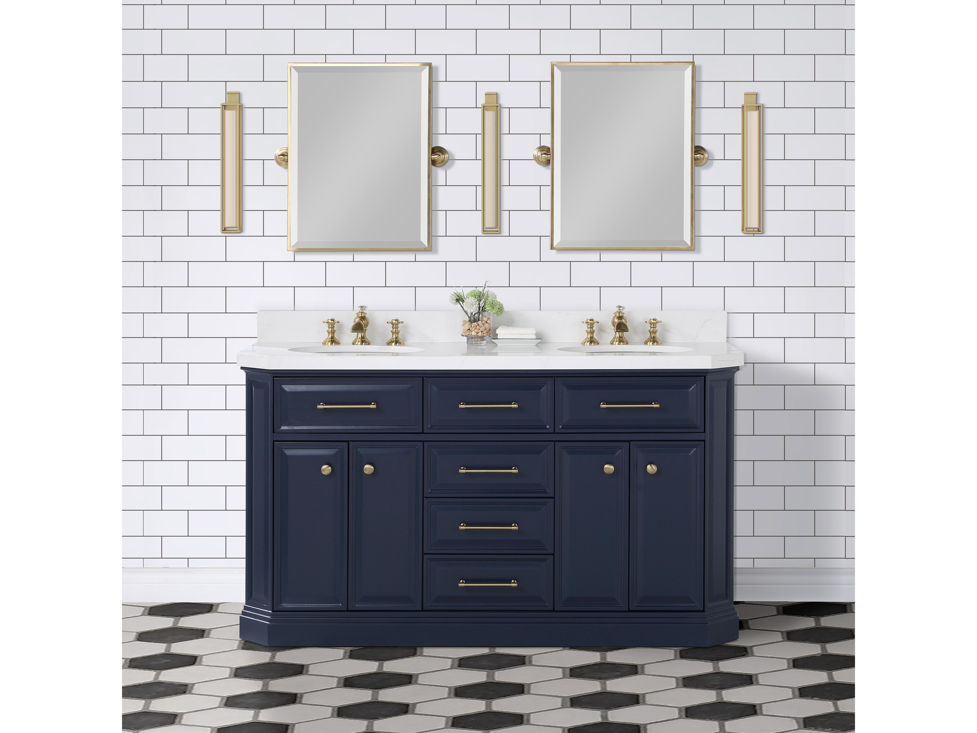 Water Creation Palace Double Sink Carrara Quartz Countertop Bath Vanity in Monarch Blue with Satin Gold Hardware, Waterfall Faucets and Rectangular Pivot Mirrors
