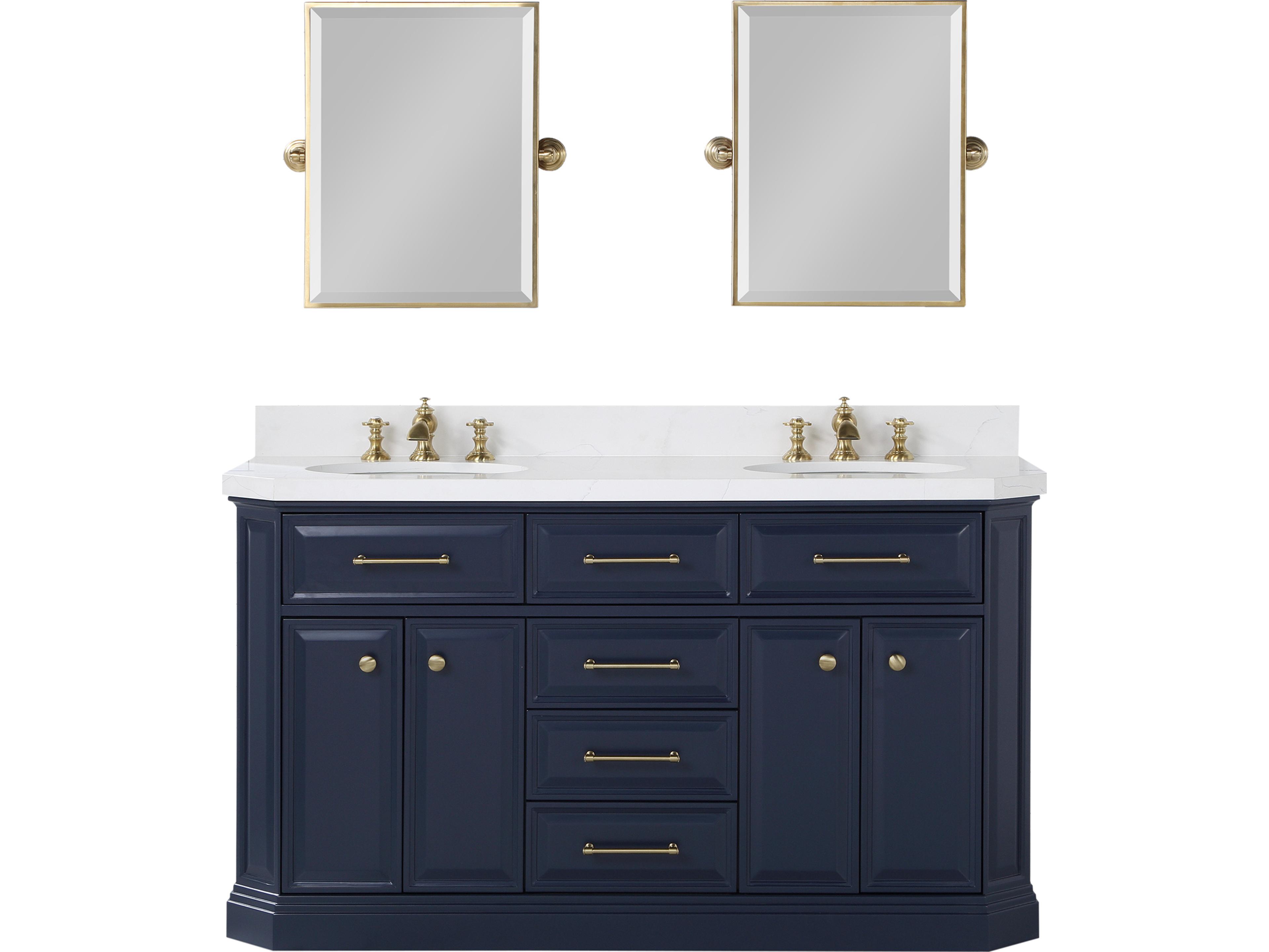 Palace Double Sink Carrara Quartz Countertop Bath Vanity in Monarch Blue with Satin Gold Hardware, Waterfall Faucets and Rectangular Pivot Mirrors