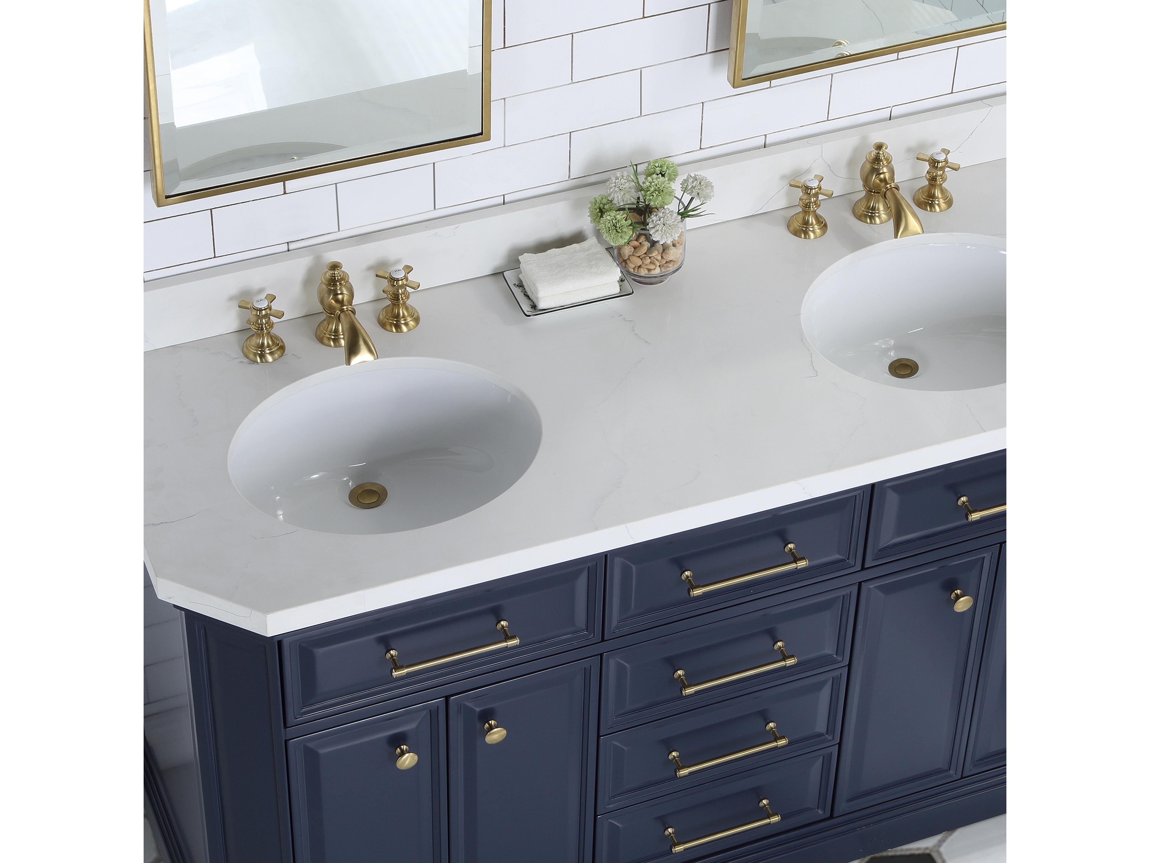 Water Creation Palace Double Sink Carrara Quartz Countertop Bath Vanity in Monarch Blue with Satin Gold Hardware, Waterfall Faucets and Rectangular Pivot Mirrors