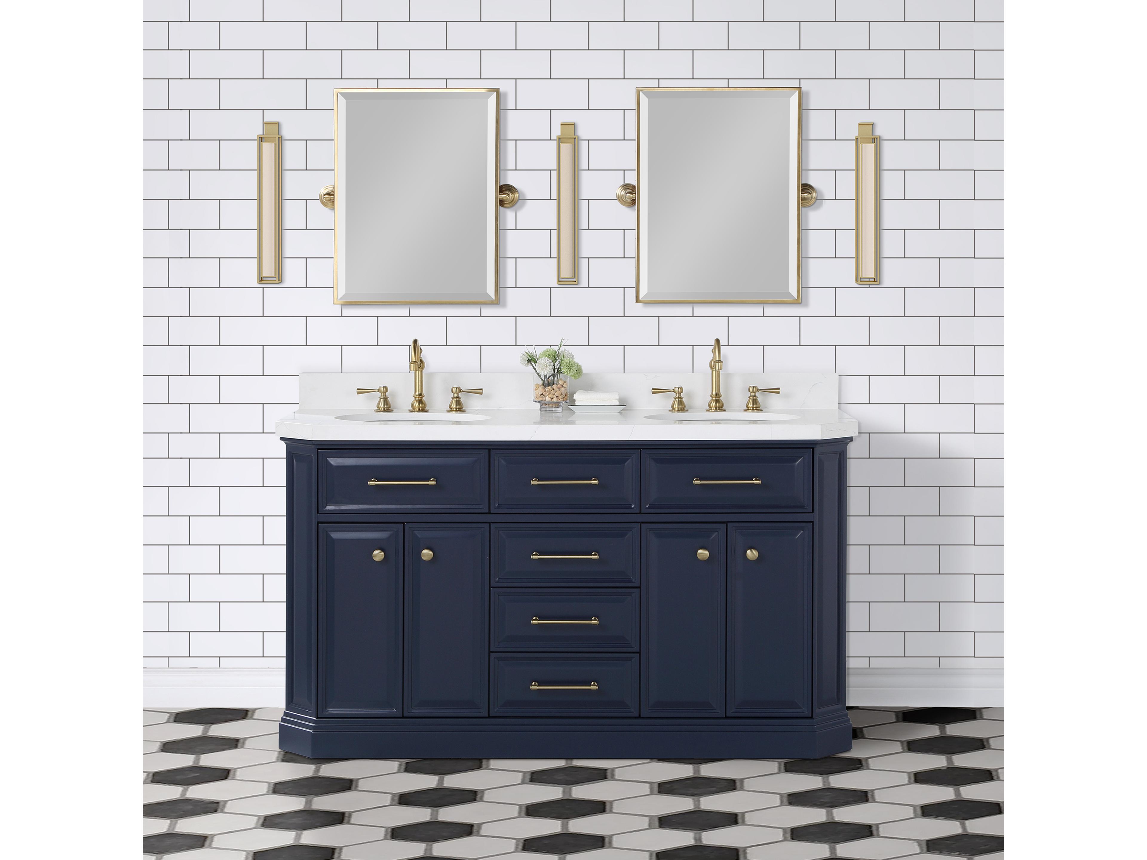 Water Creation Palace Double Sink Carrara Quartz Countertop Bath Vanity in Monarch Blue with Satin Gold Hardware, Hook Faucets and Rectangular Pivot Mirrors