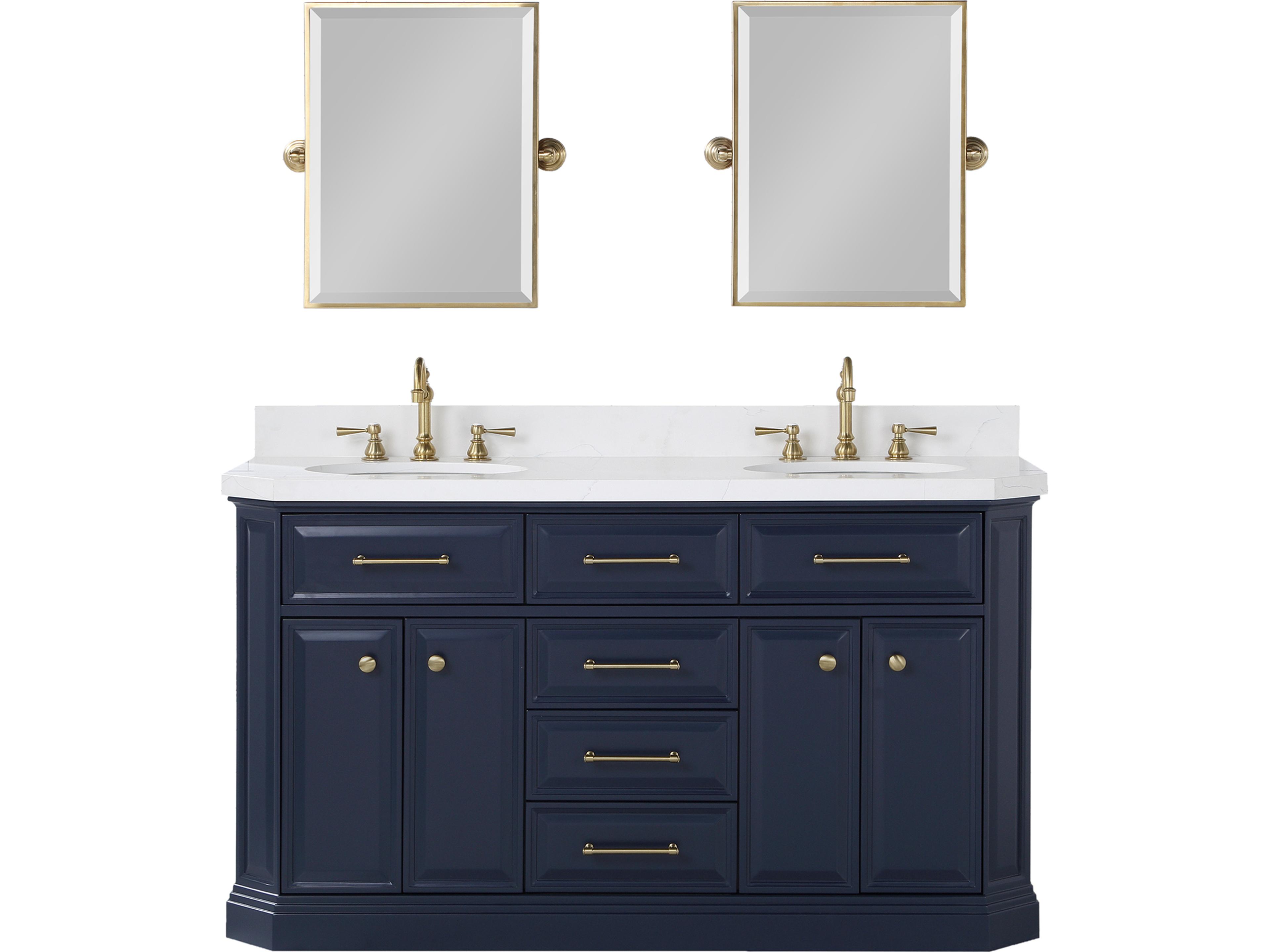 Water Creation Palace Double Sink Carrara Quartz Countertop Bath Vanity in Monarch Blue with Satin Gold Hardware, Hook Faucets and Rectangular Pivot Mirrors