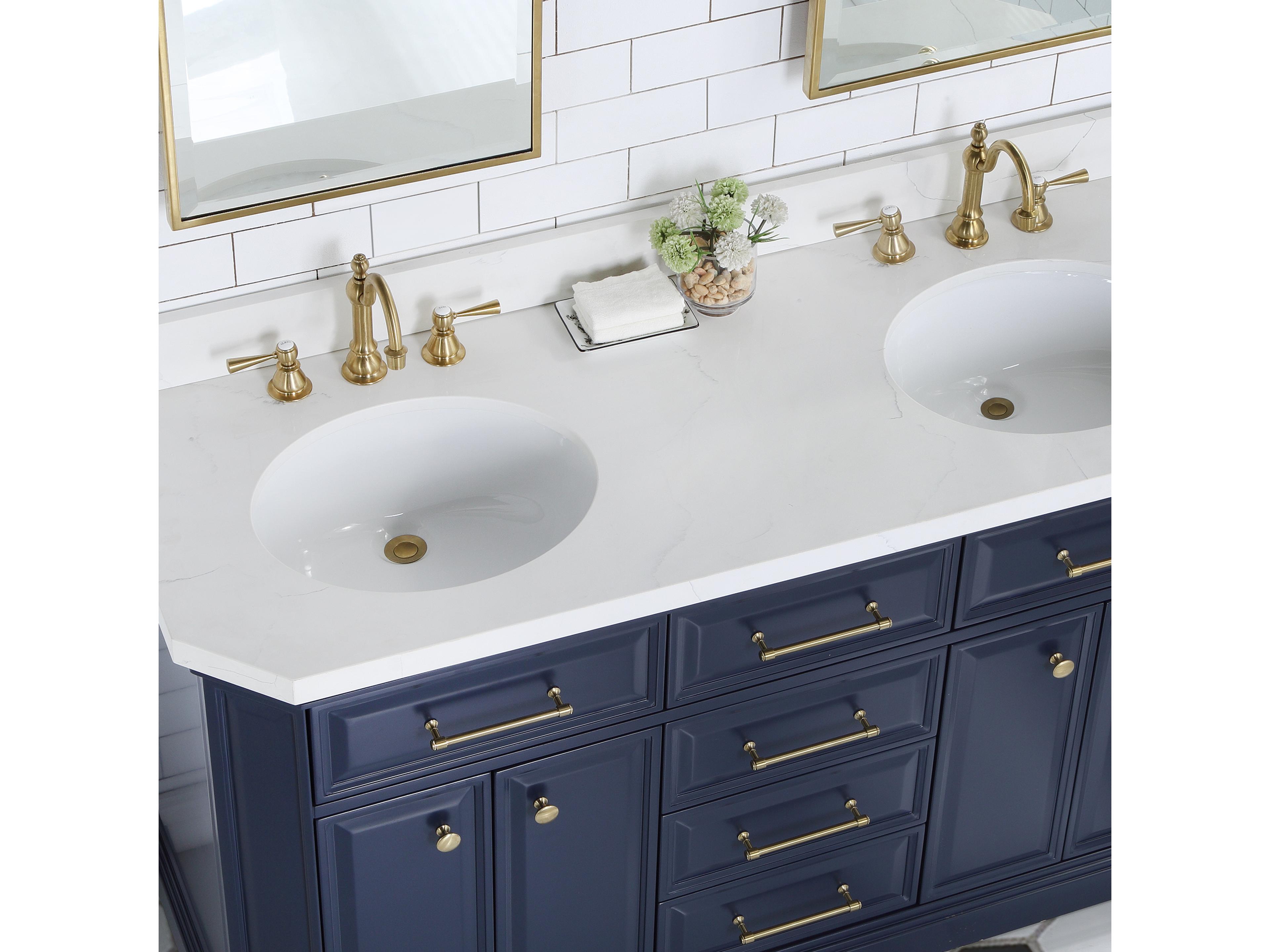 Water Creation Palace Double Sink Carrara Quartz Countertop Bath Vanity in Monarch Blue with Satin Gold Hardware, Hook Faucets and Rectangular Pivot Mirrors