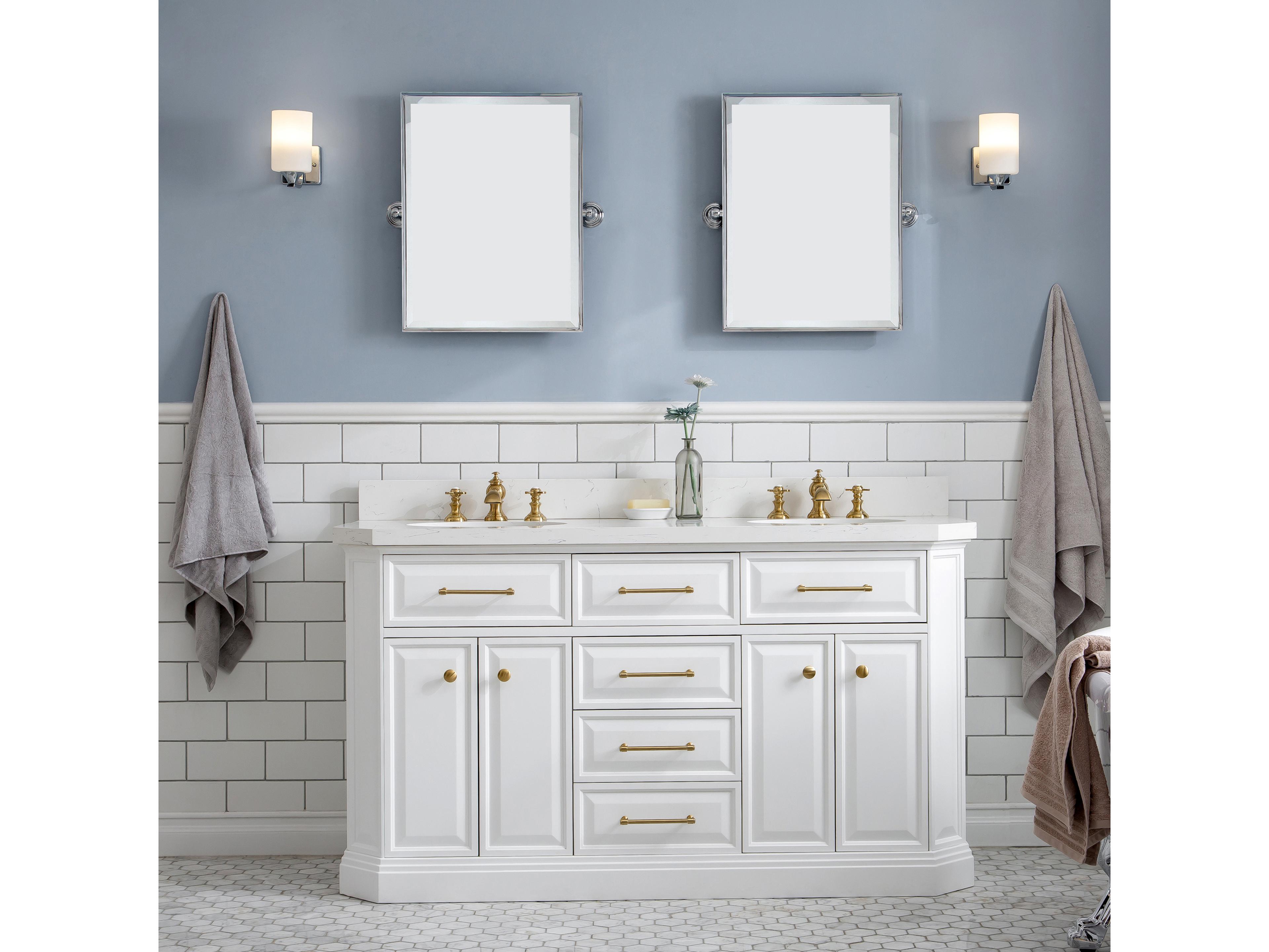 Water Creation Palace Double Sink Carrara Quartz Countertop Bath Vanity in Pure White with Satin Gold Hardware