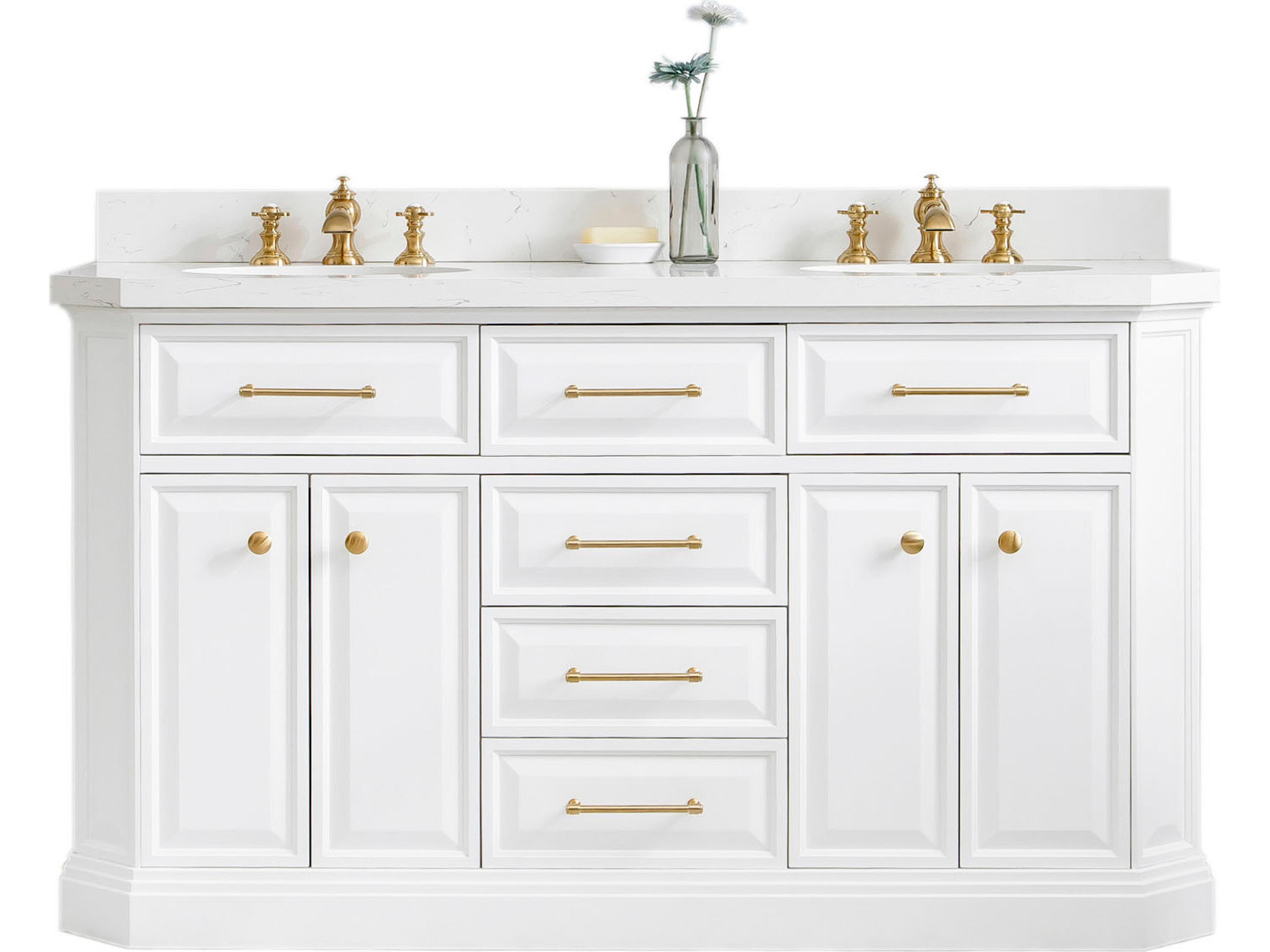 Water Creation Palace Double Sink Carrara Quartz Countertop Bath Vanity in Pure White with Satin Gold Hardware