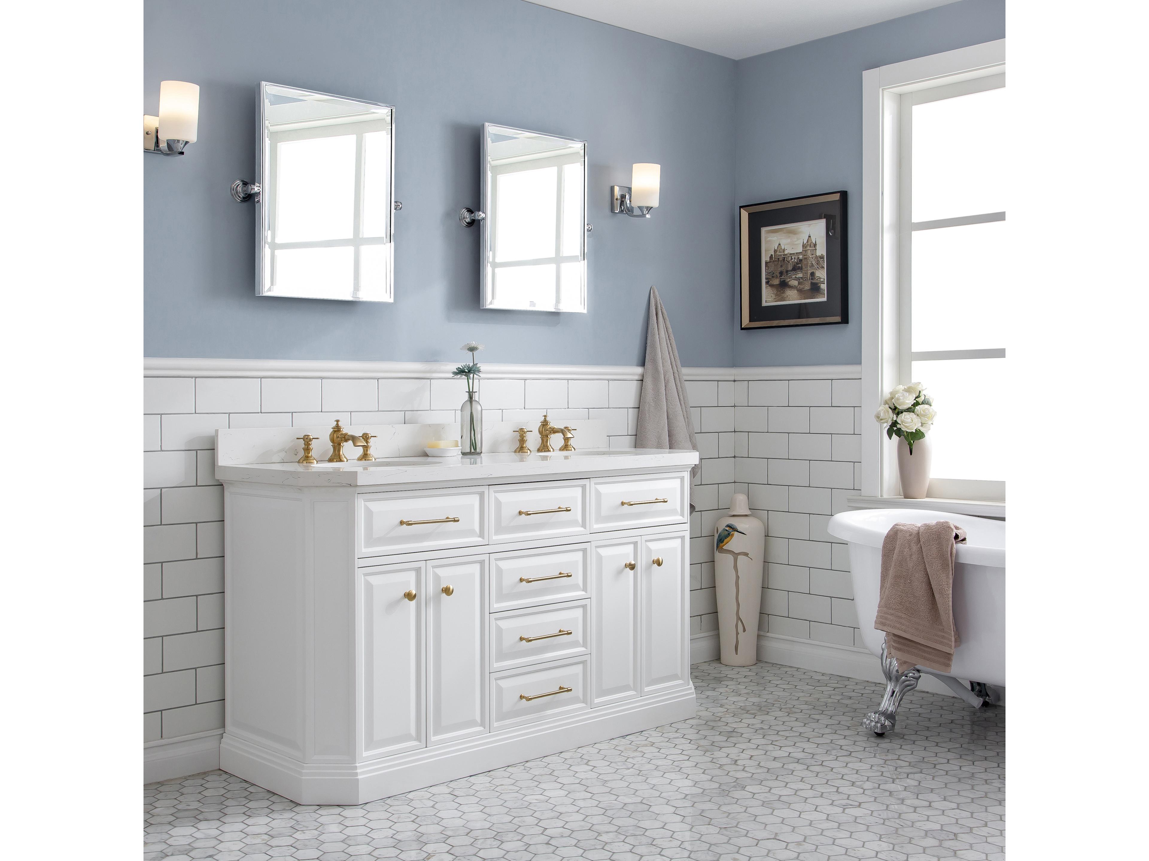 Water Creation Palace Double Sink Carrara Quartz Countertop Bath Vanity in Pure White with Satin Gold Hardware