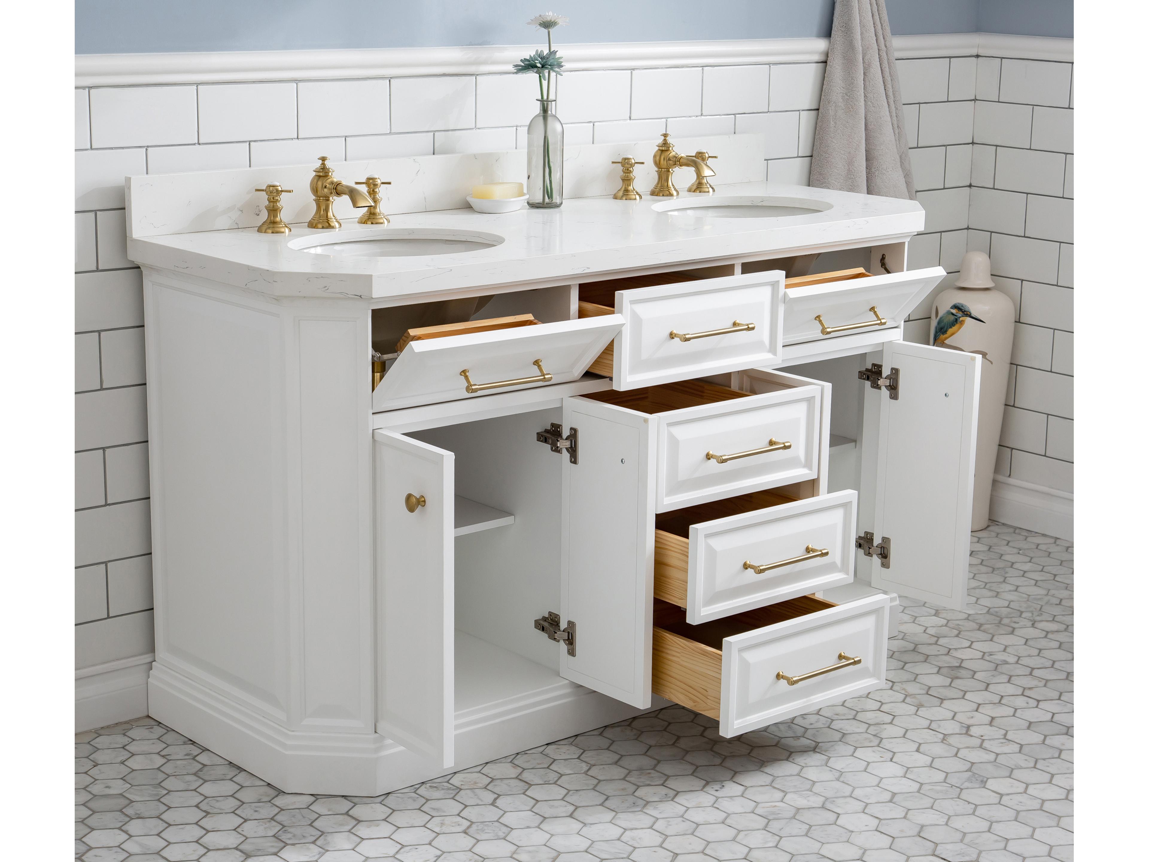 Water Creation Palace Double Sink Carrara Quartz Countertop Bath Vanity in Pure White with Satin Gold Hardware