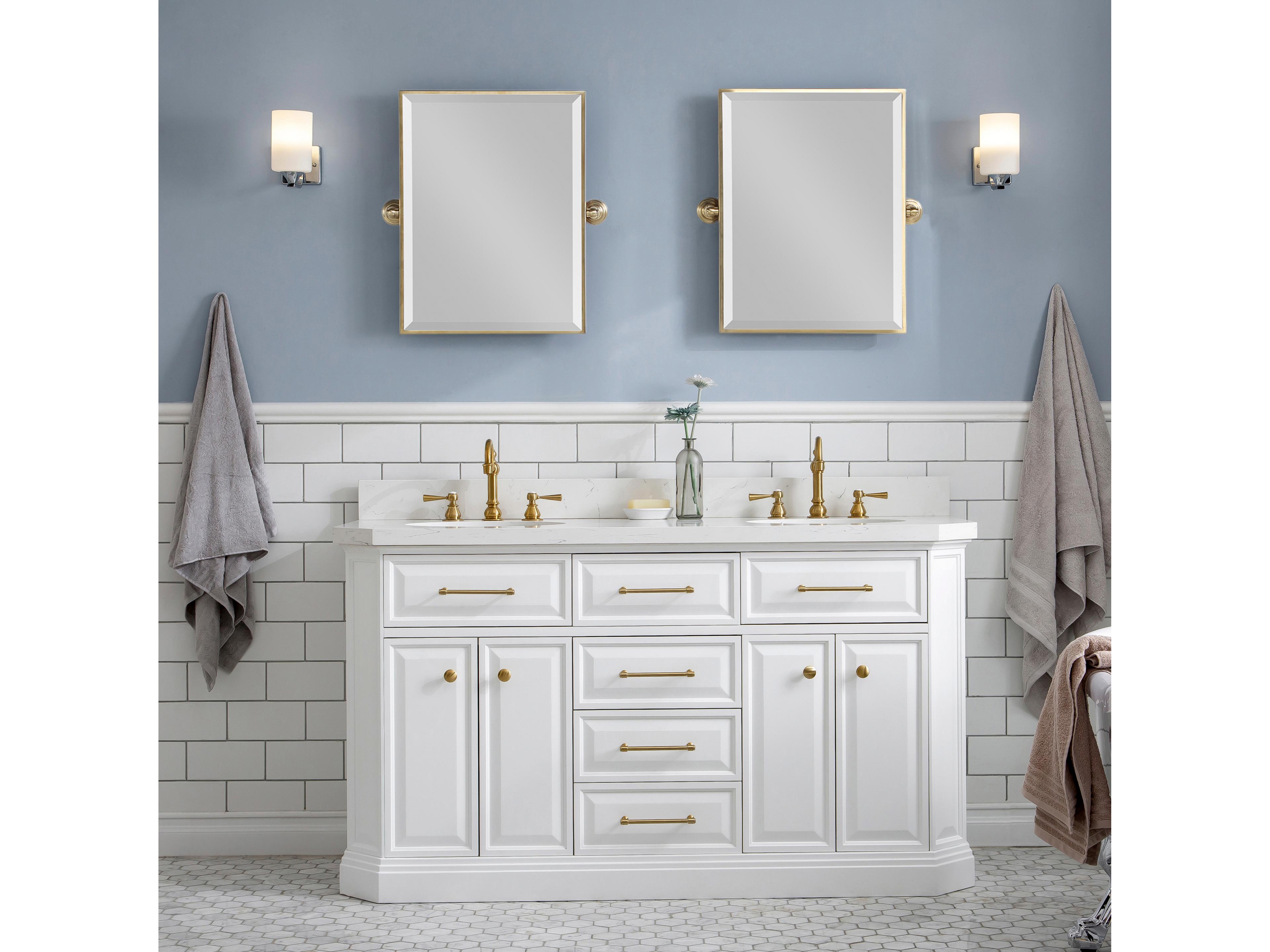 Water Creation Palace Double Sink Carrara Quartz Countertop Bath Vanity in Pure White with Satin Gold Hardware and Rectangular Pivot Mirrors