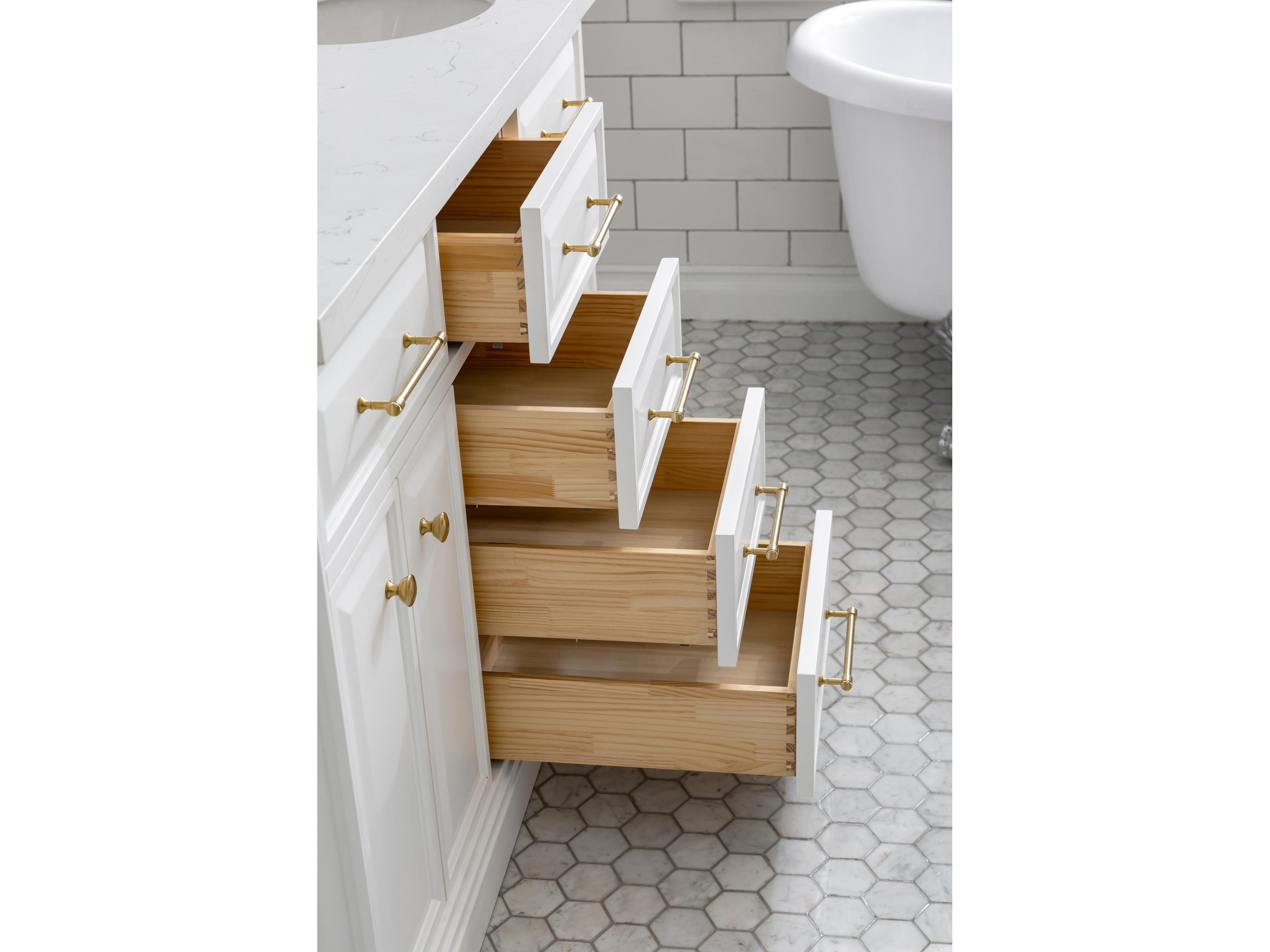 Water Creation Palace Double Sink Carrara Quartz Countertop Bath Vanity in Pure White with Satin Gold Hardware and Rectangular Pivot Mirrors