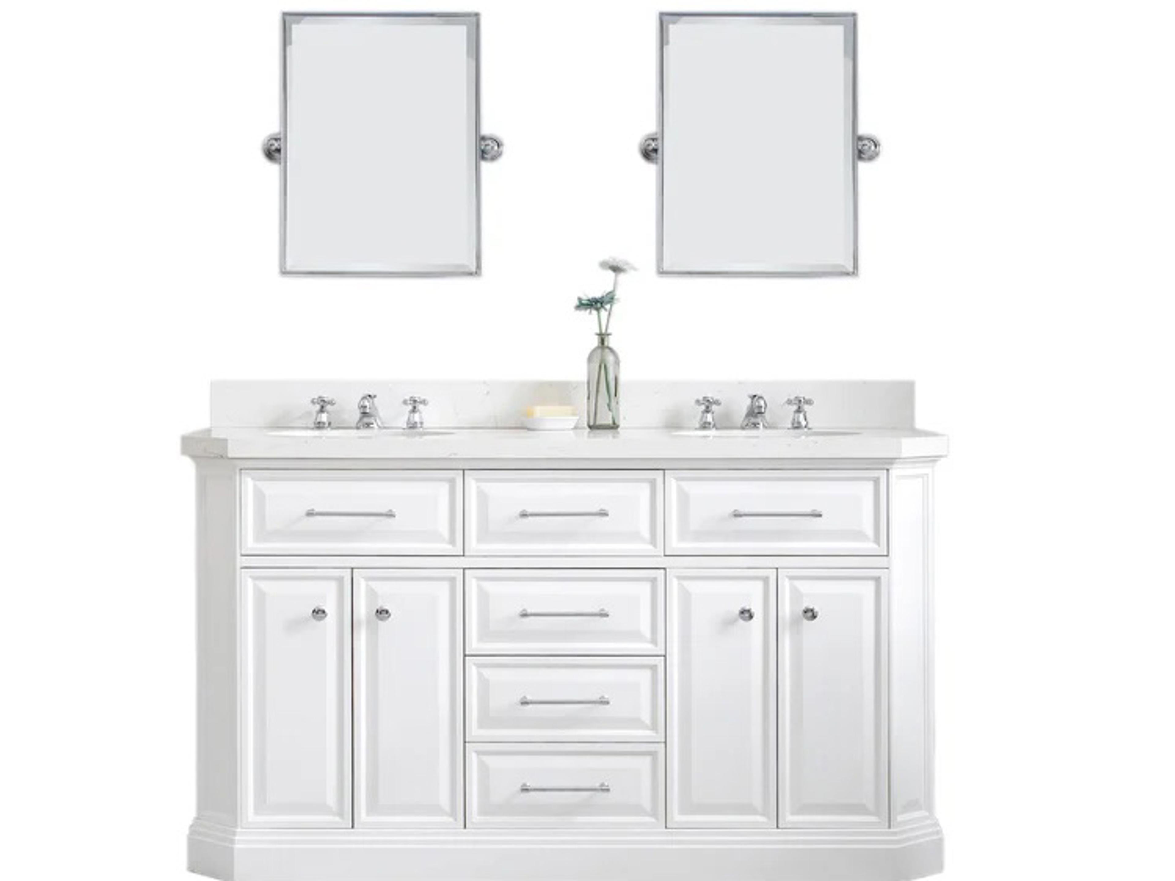 Water Creation Palace Double Sink Carrara Quartz Countertop Bath Vanity in Pure White with Satin Gold Hardware, Waterfall Faucets and Rectangular Pivot Mirrors