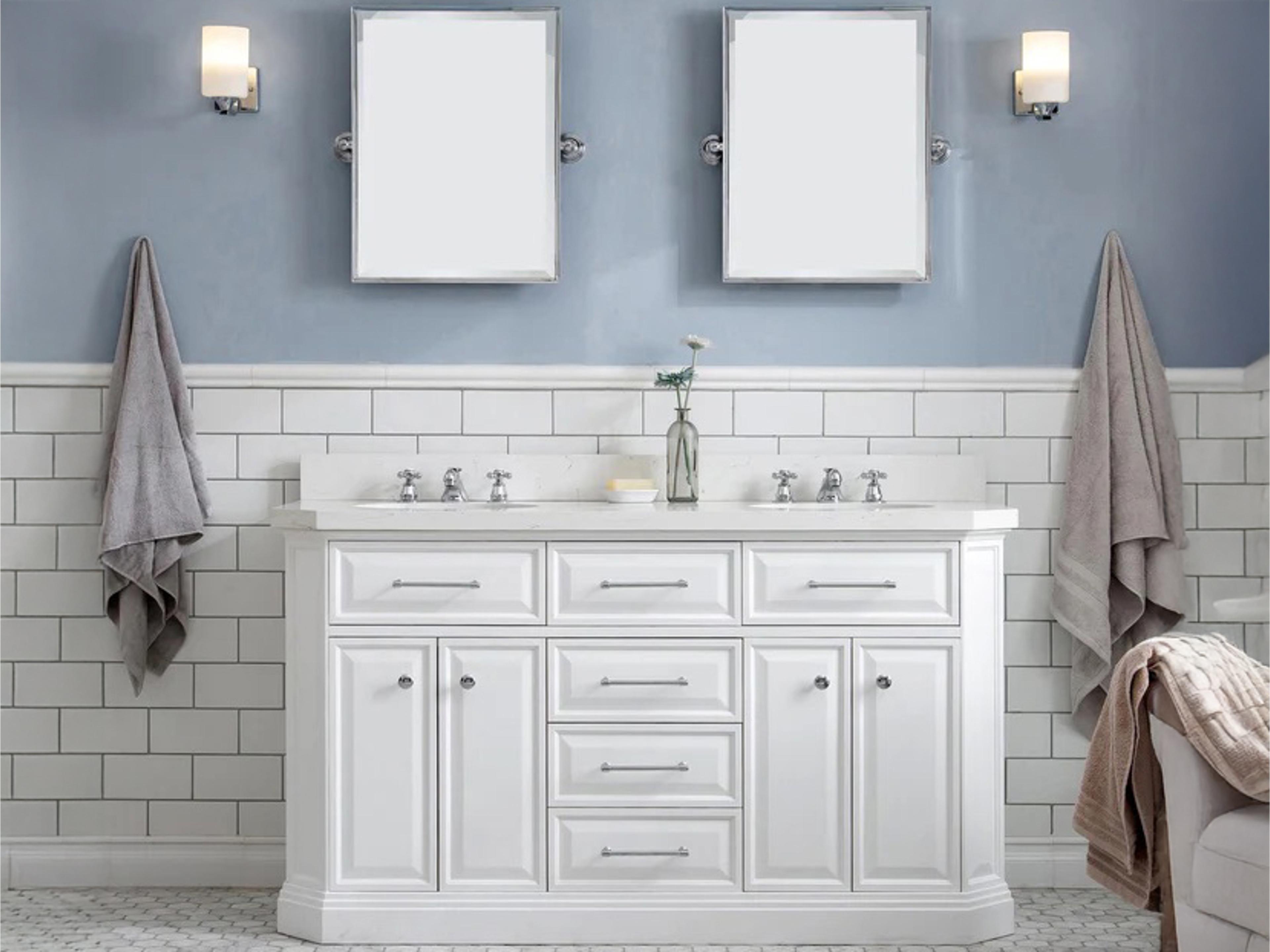 Water Creation Palace Double Sink Carrara Quartz Countertop Bath Vanity in Pure White with Satin Gold Hardware, Waterfall Faucets and Rectangular Pivot Mirrors