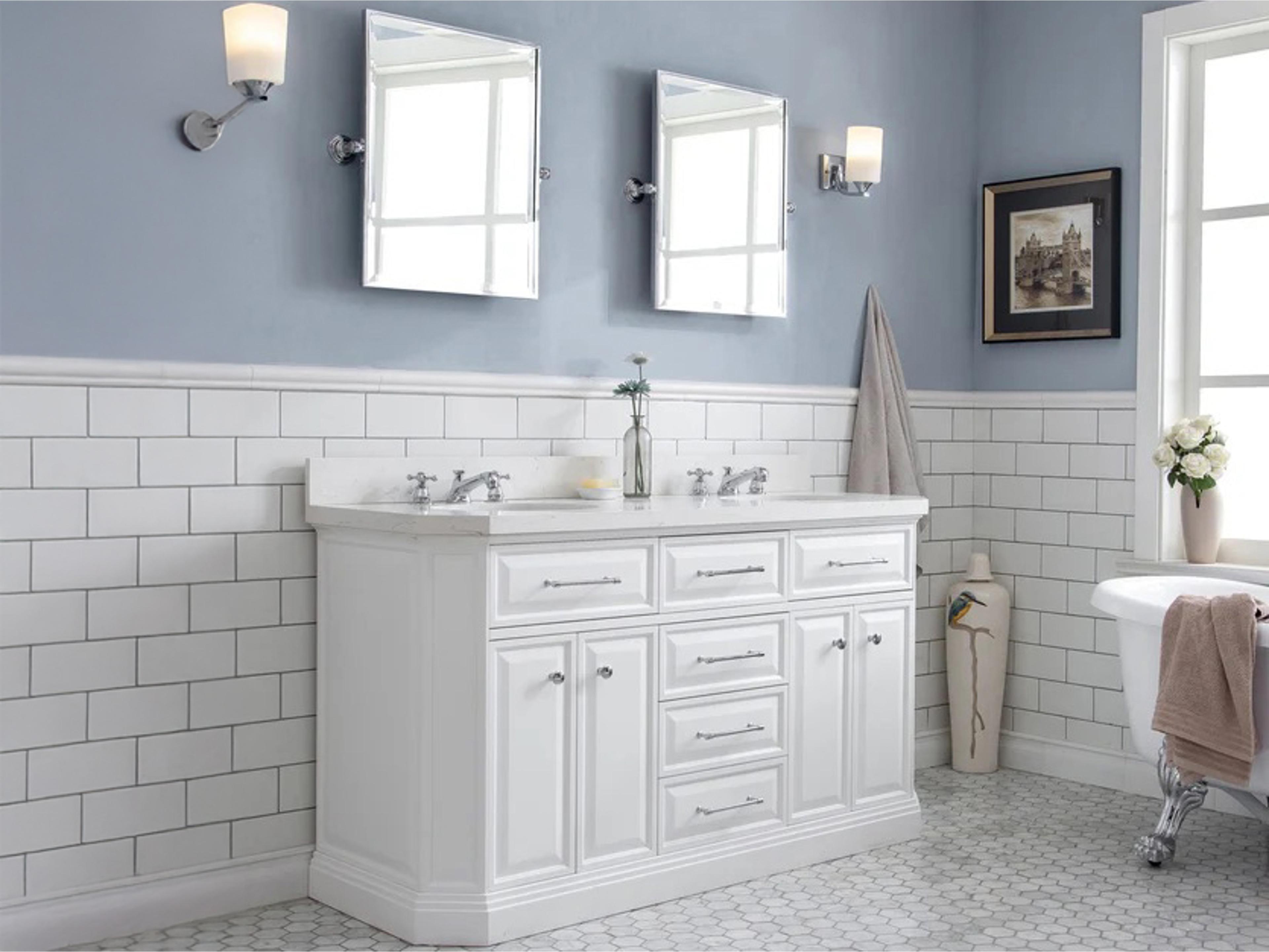 Water Creation Palace Double Sink Carrara Quartz Countertop Bath Vanity in Pure White with Satin Gold Hardware, Waterfall Faucets and Rectangular Pivot Mirrors