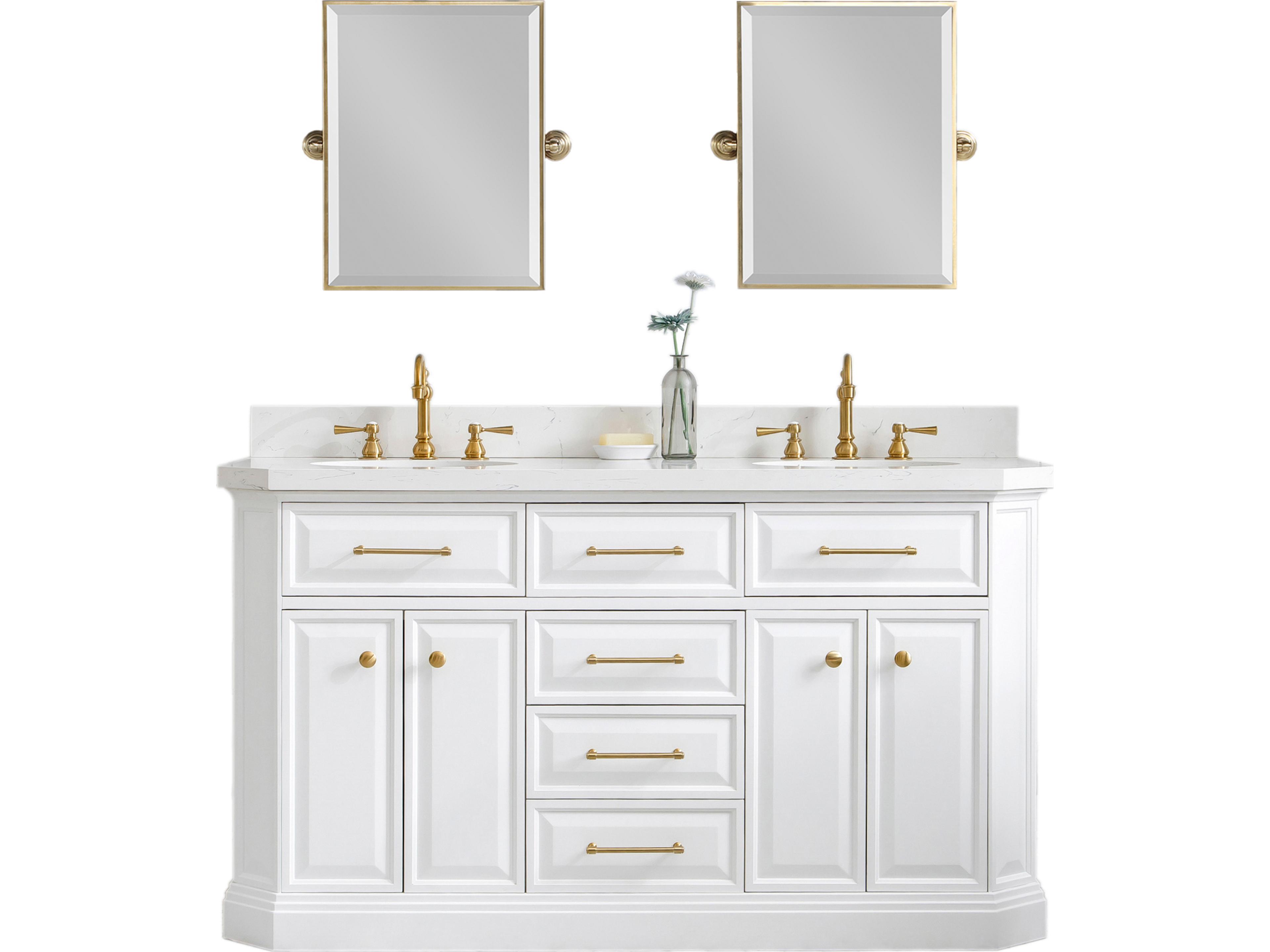 Water Creation Palace Double Sink Carrara Quartz Countertop Bath Vanity in Pure White with Satin Gold Hardware, Hook Faucets and Rectangular Pivot Mirrors