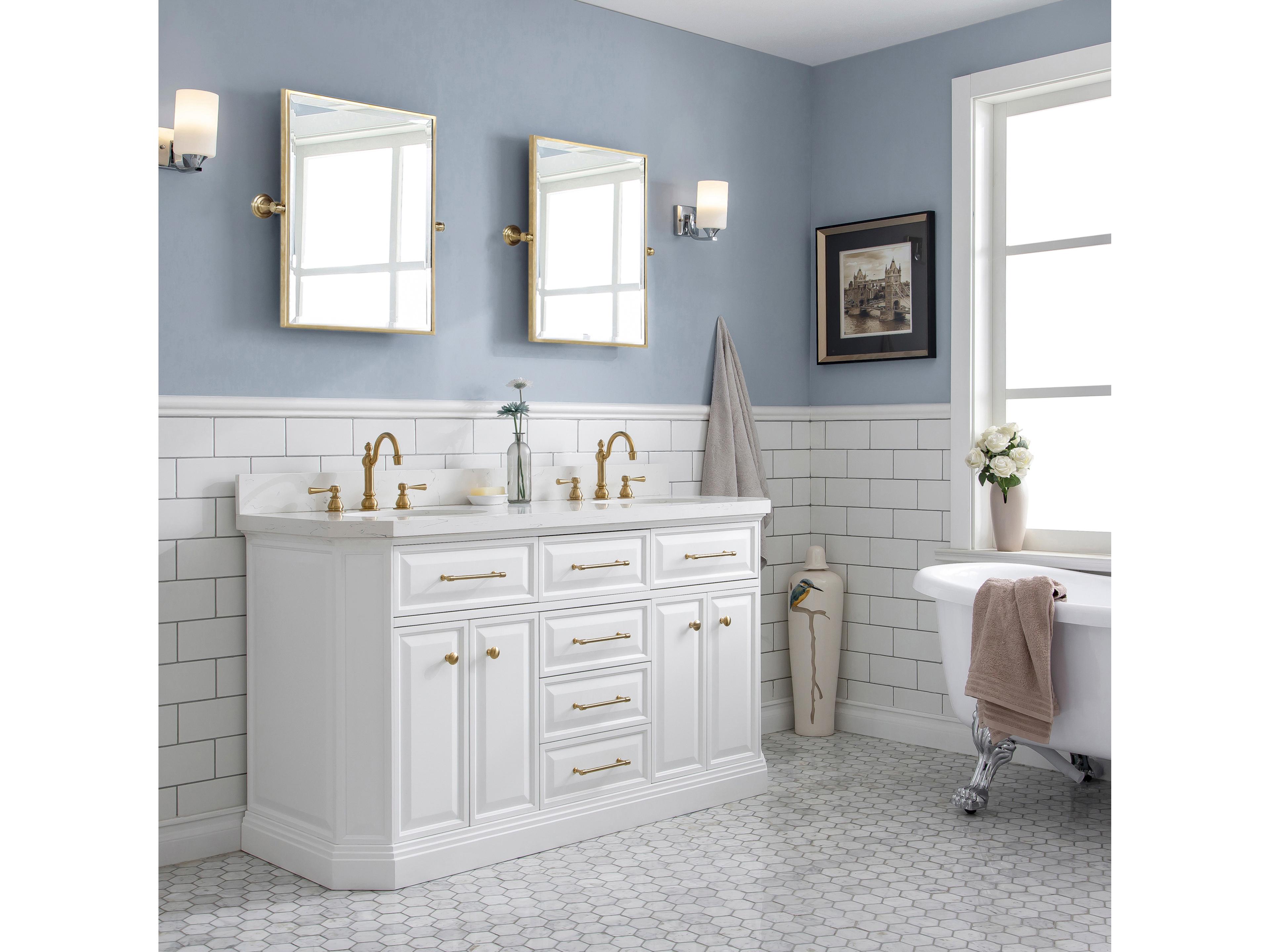 Water Creation Palace Double Sink Carrara Quartz Countertop Bath Vanity in Pure White with Satin Gold Hardware, Hook Faucets and Rectangular Pivot Mirrors