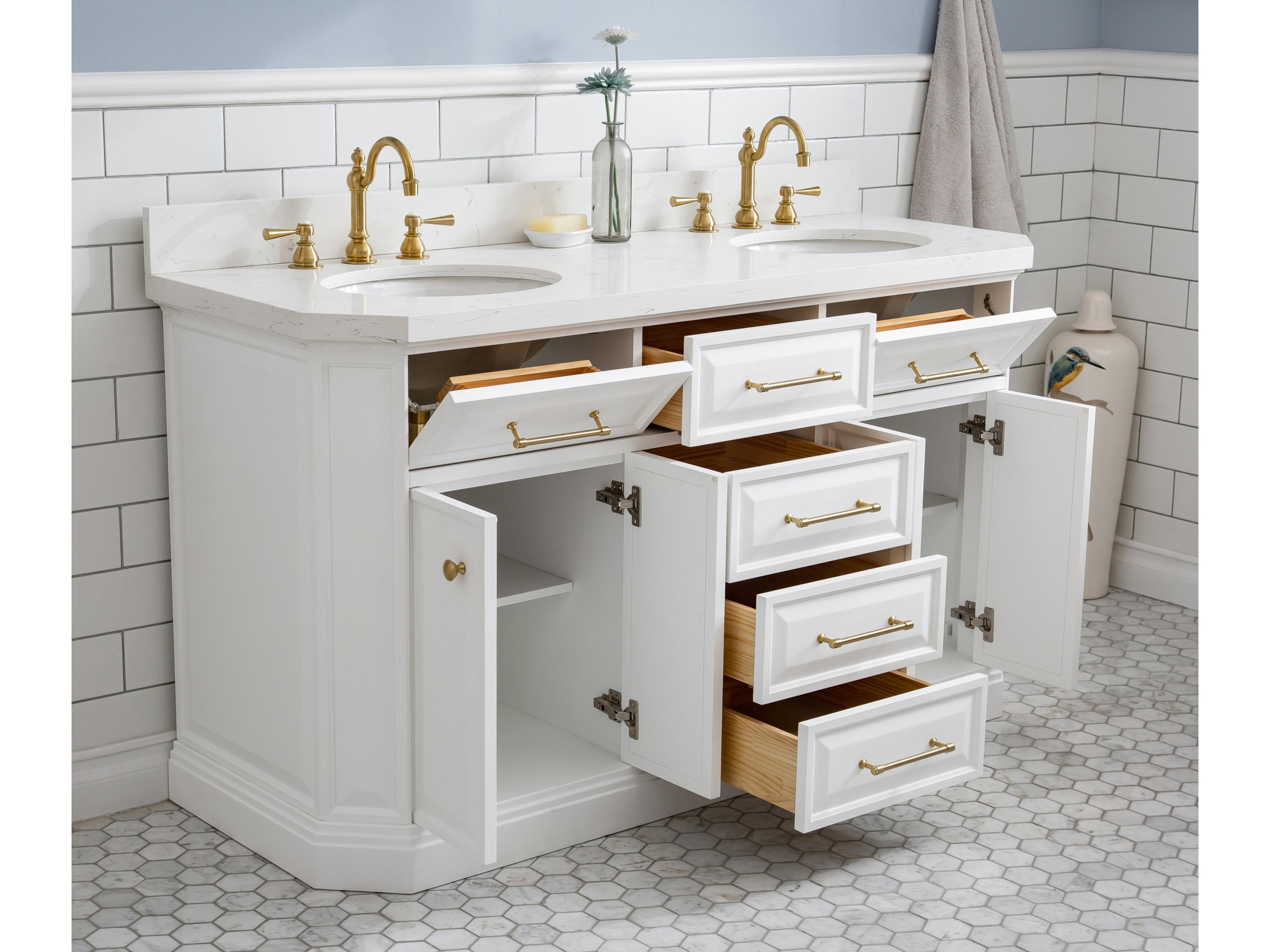 Water Creation Palace Double Sink Carrara Quartz Countertop Bath Vanity in Pure White with Satin Gold Hardware, Hook Faucets and Rectangular Pivot Mirrors