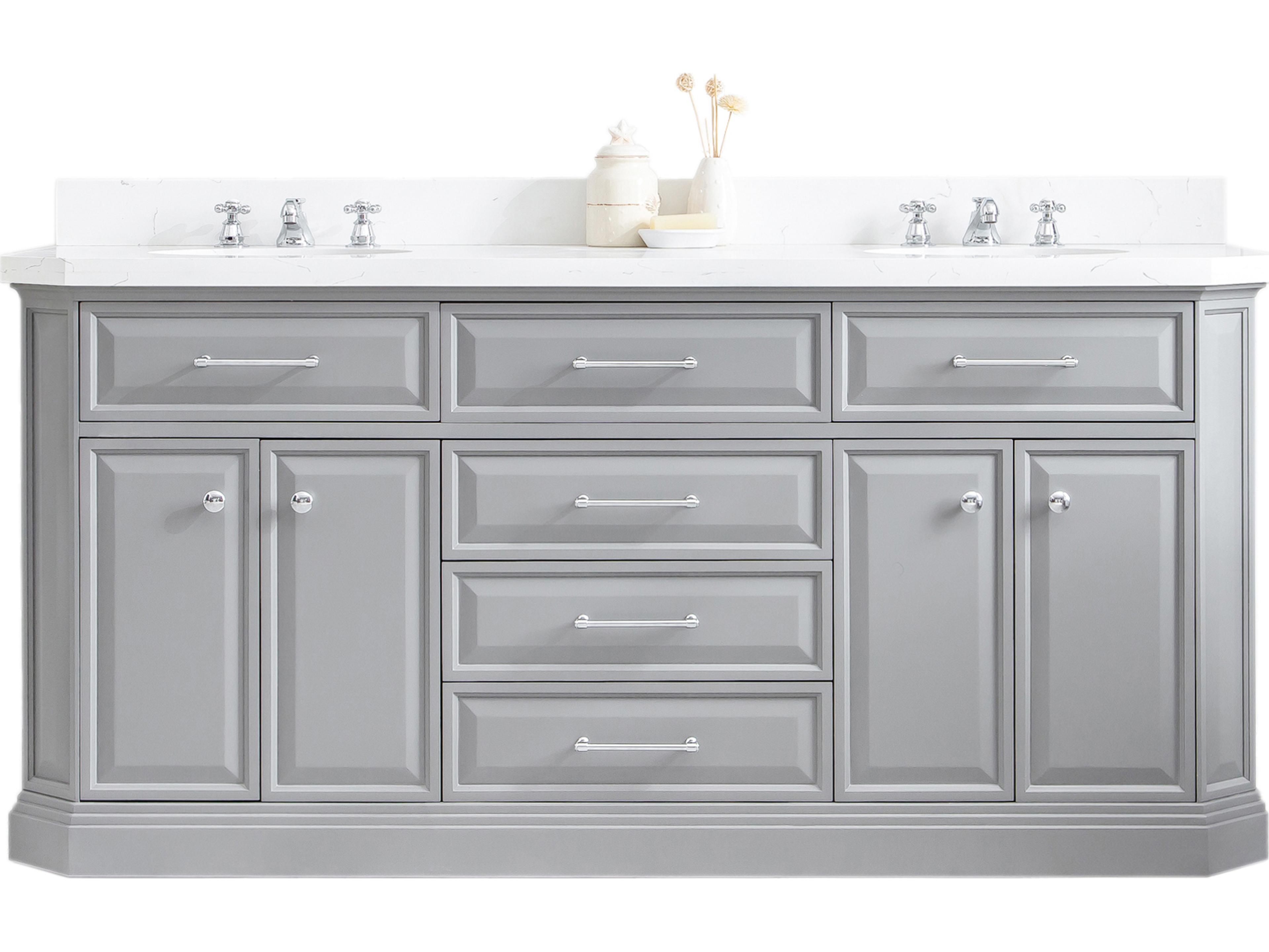 Palace Double Sink Carrara Quartz Countertop Bath Vanity in Cashmere Grey with Chrome Hardware