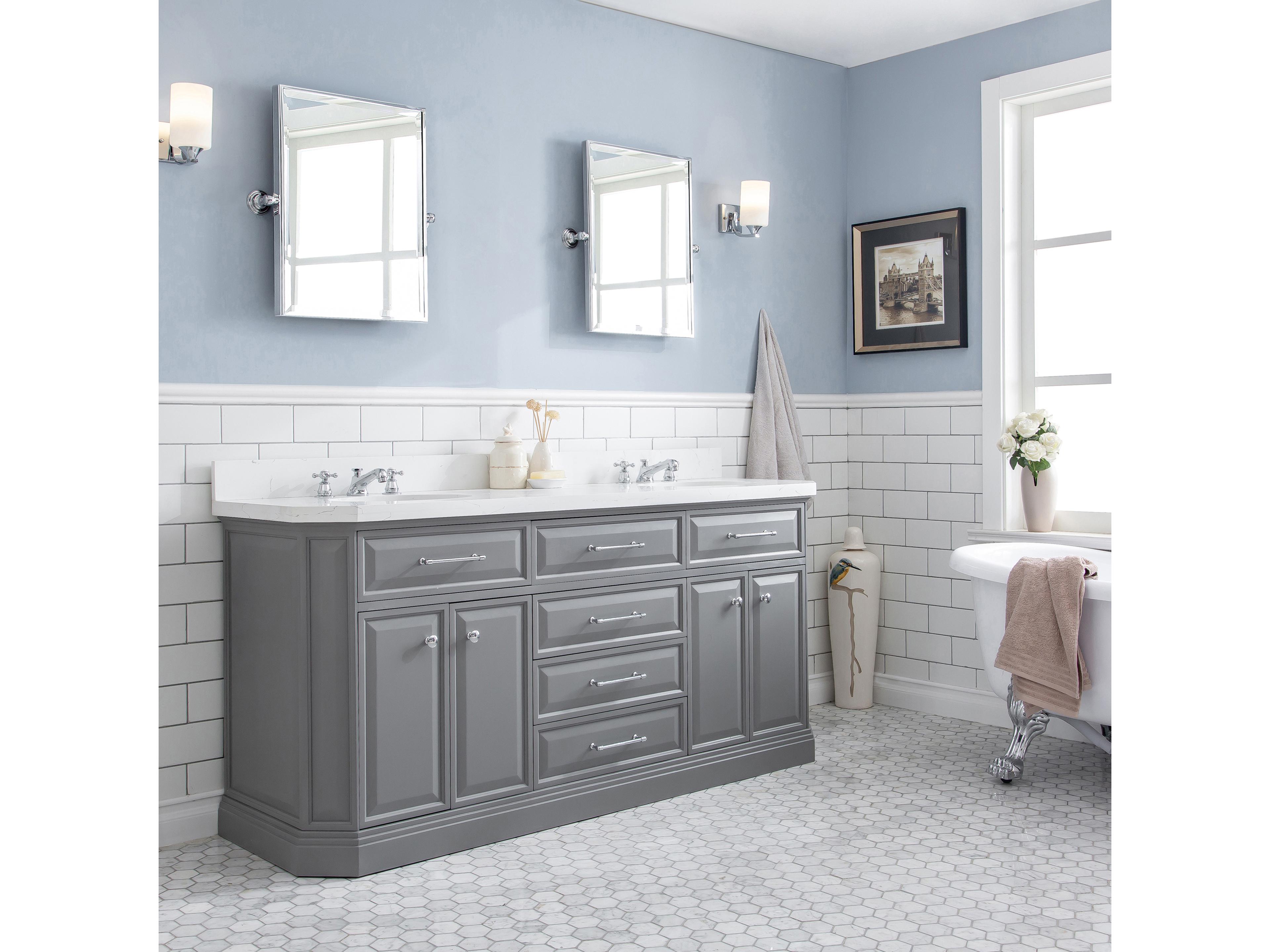 Water Creation Palace Double Sink Carrara Quartz Countertop Bath Vanity in Cashmere Grey with Chrome Hardware