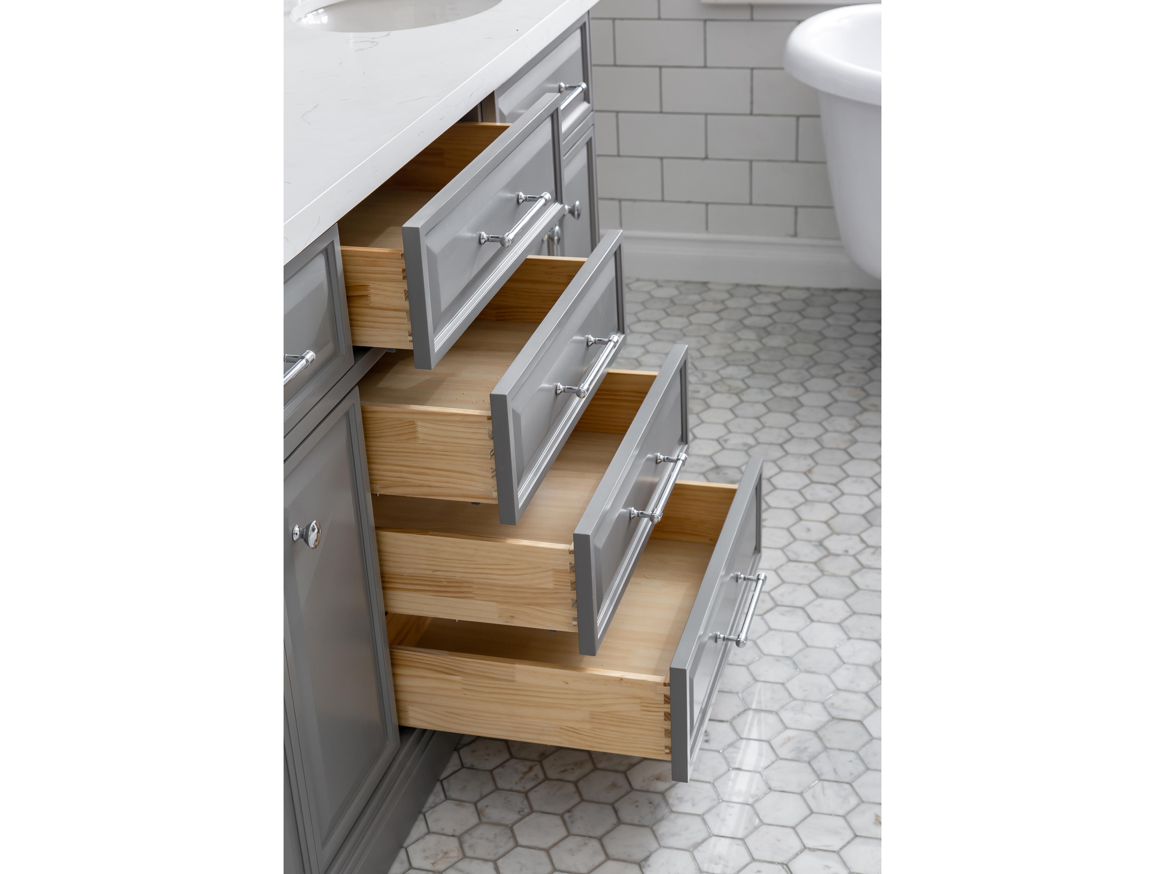 Water Creation Palace Double Sink Carrara Quartz Countertop Bath Vanity in Cashmere Grey with Chrome Hardware