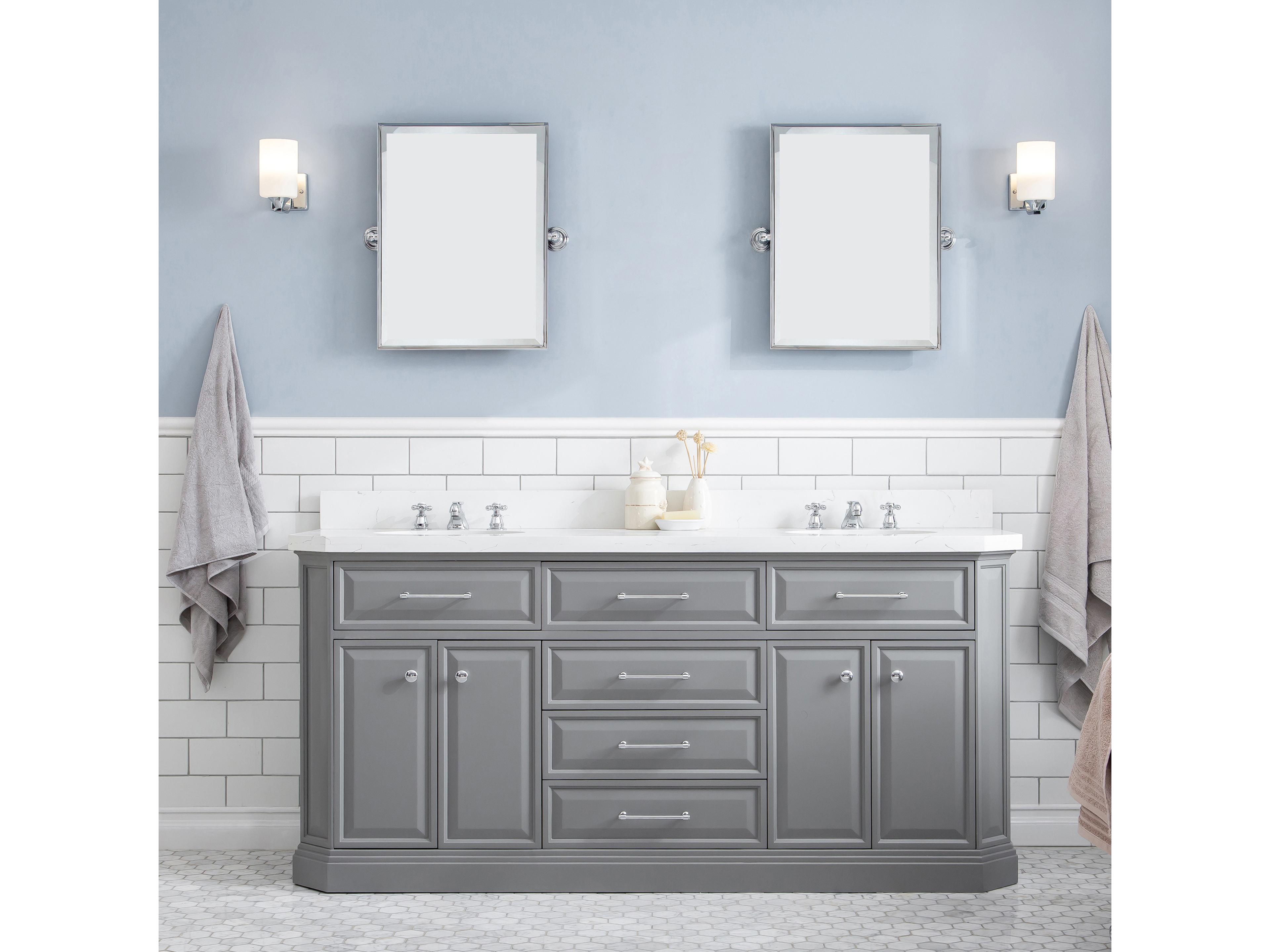 Water Creation Palace Double Sink Carrara Quartz Countertop Bath Vanity in Cashmere Grey with Chrome Hardware and Classic Faucets