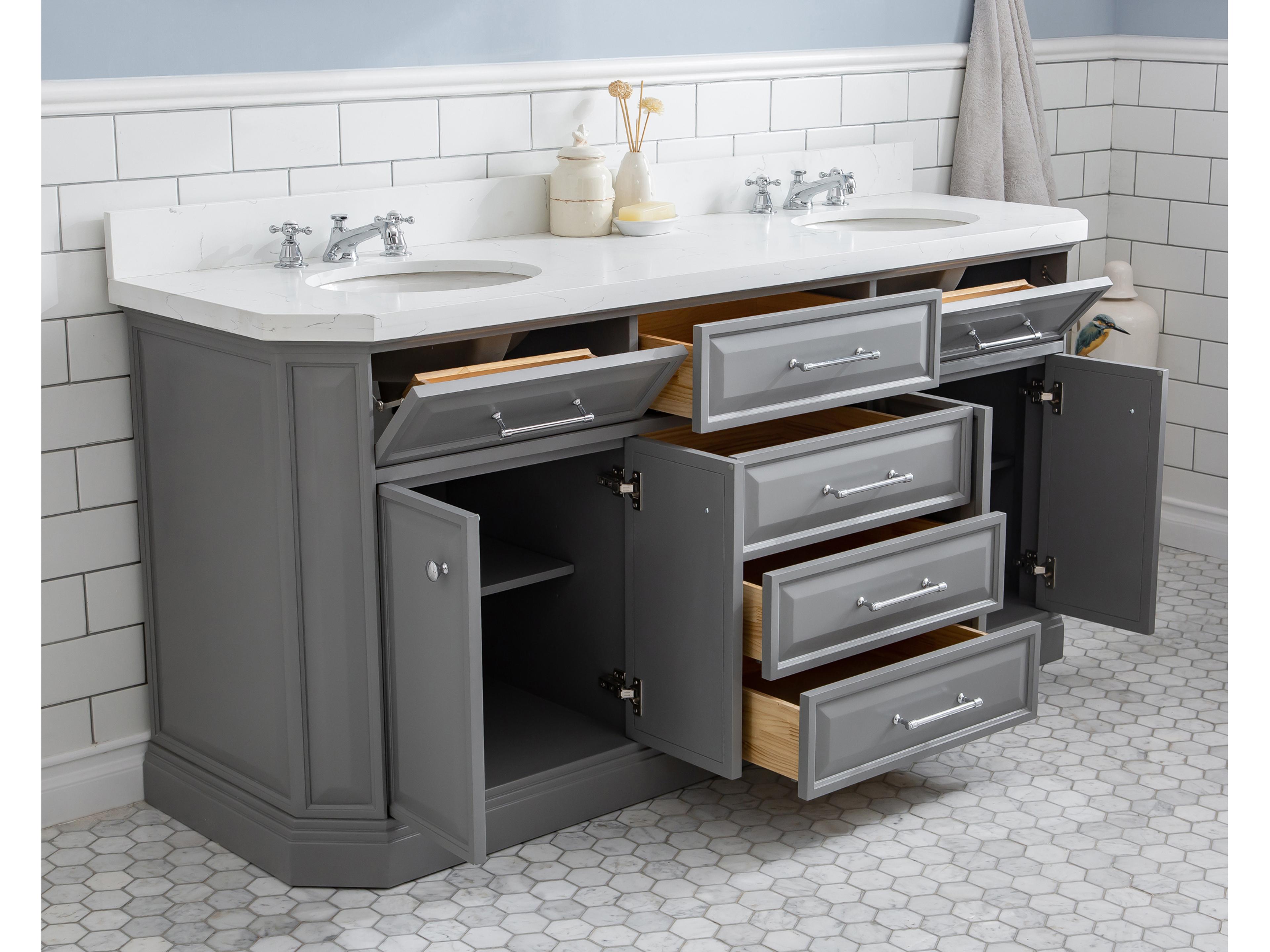 Water Creation Palace Double Sink Carrara Quartz Countertop Bath Vanity in Cashmere Grey with Chrome Hardware and Classic Faucets