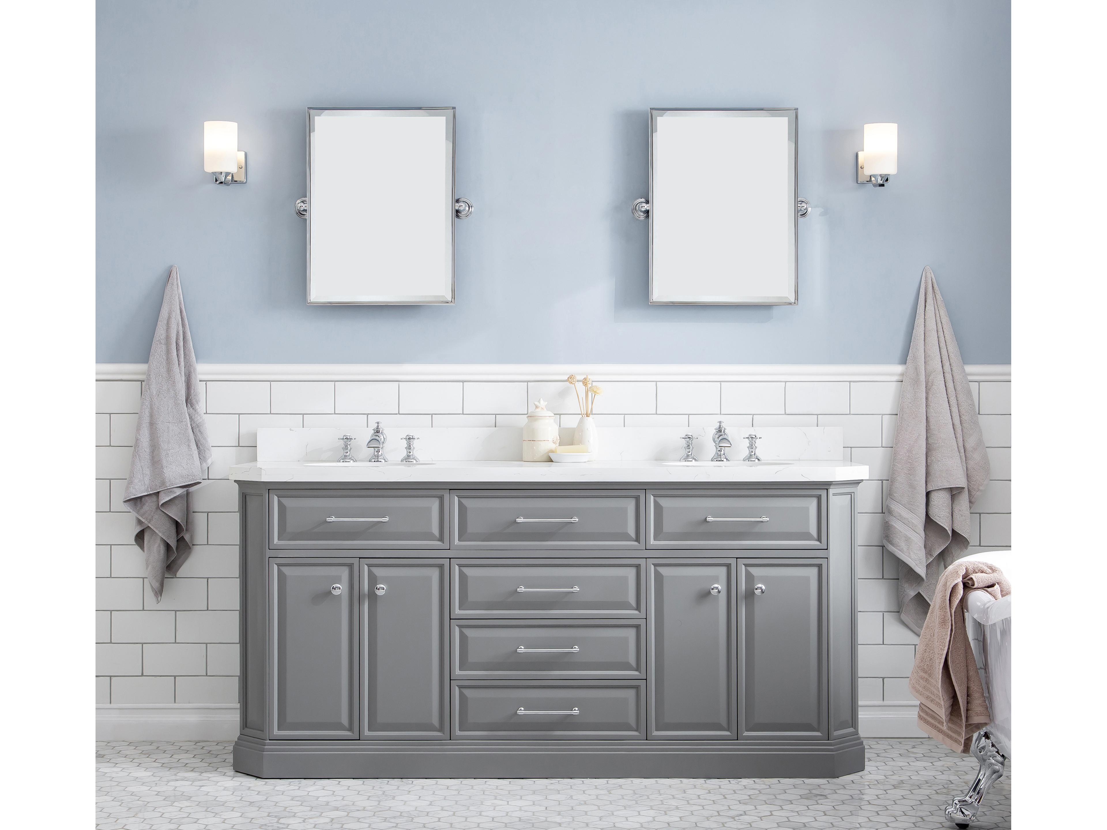 Water Creation Palace Double Sink Carrara Quartz Countertop Bath Vanity in Cashmere Grey with Chrome Hardware and Waterfall Faucets