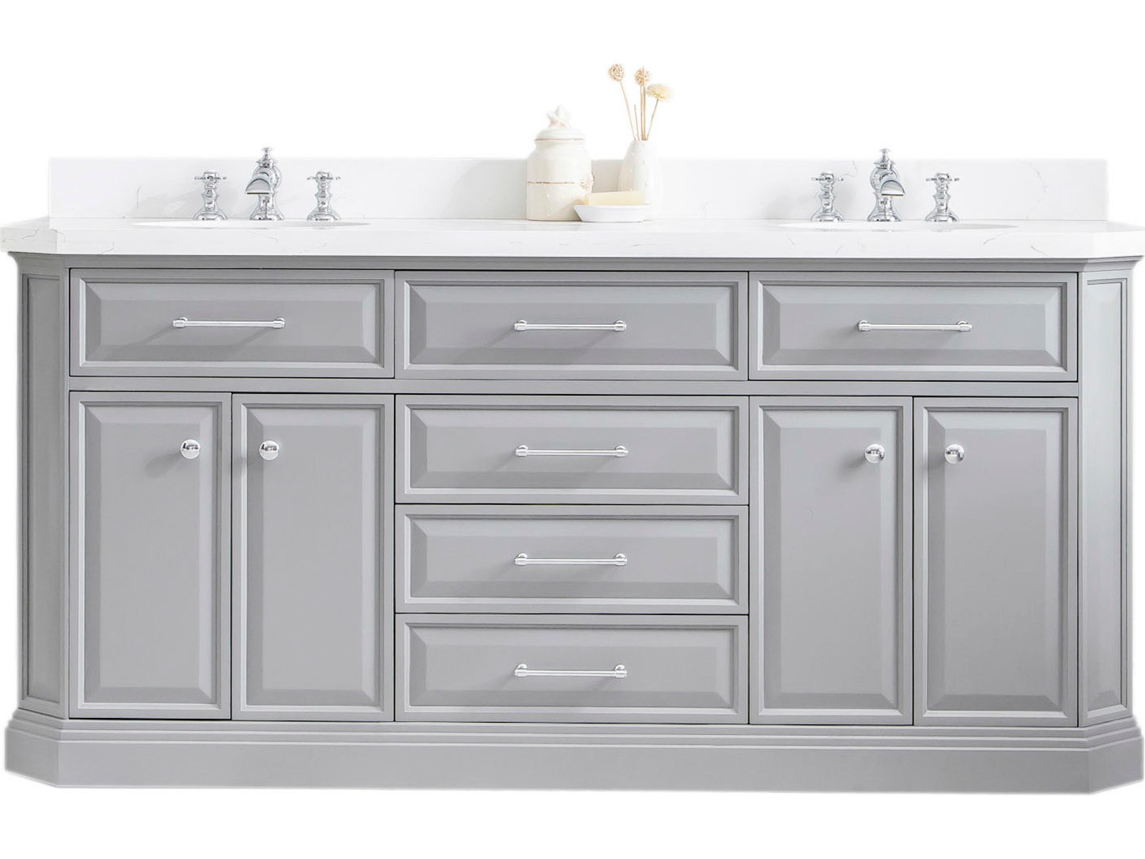 Palace Double Sink Carrara Quartz Countertop Bath Vanity in Cashmere Grey with Chrome Hardware and Waterfall Faucets