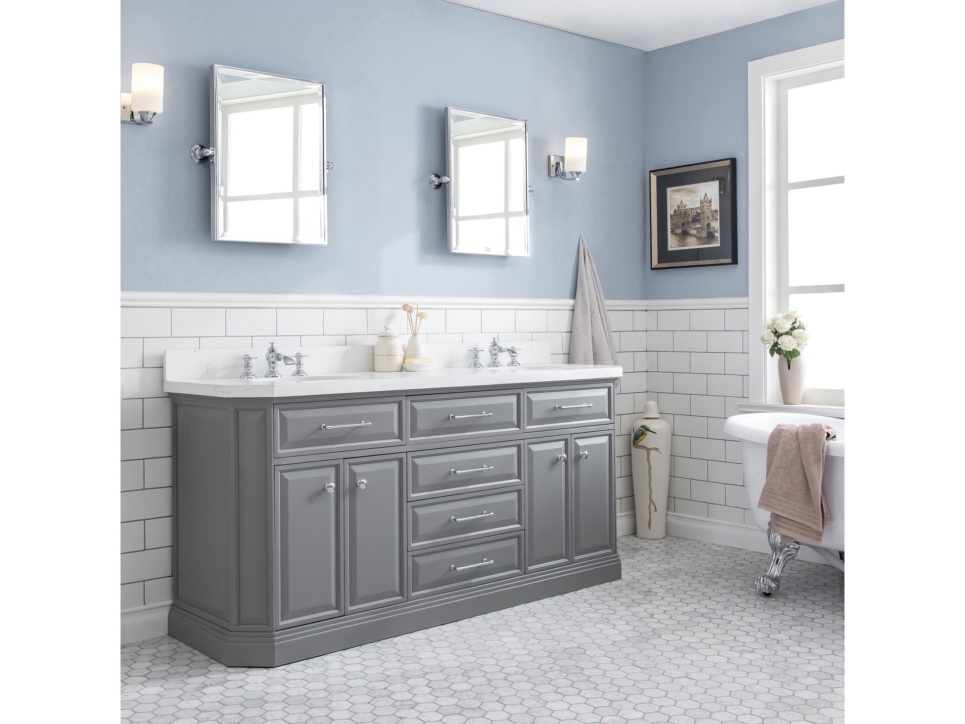 Water Creation Palace Double Sink Carrara Quartz Countertop Bath Vanity in Cashmere Grey with Chrome Hardware and Waterfall Faucets