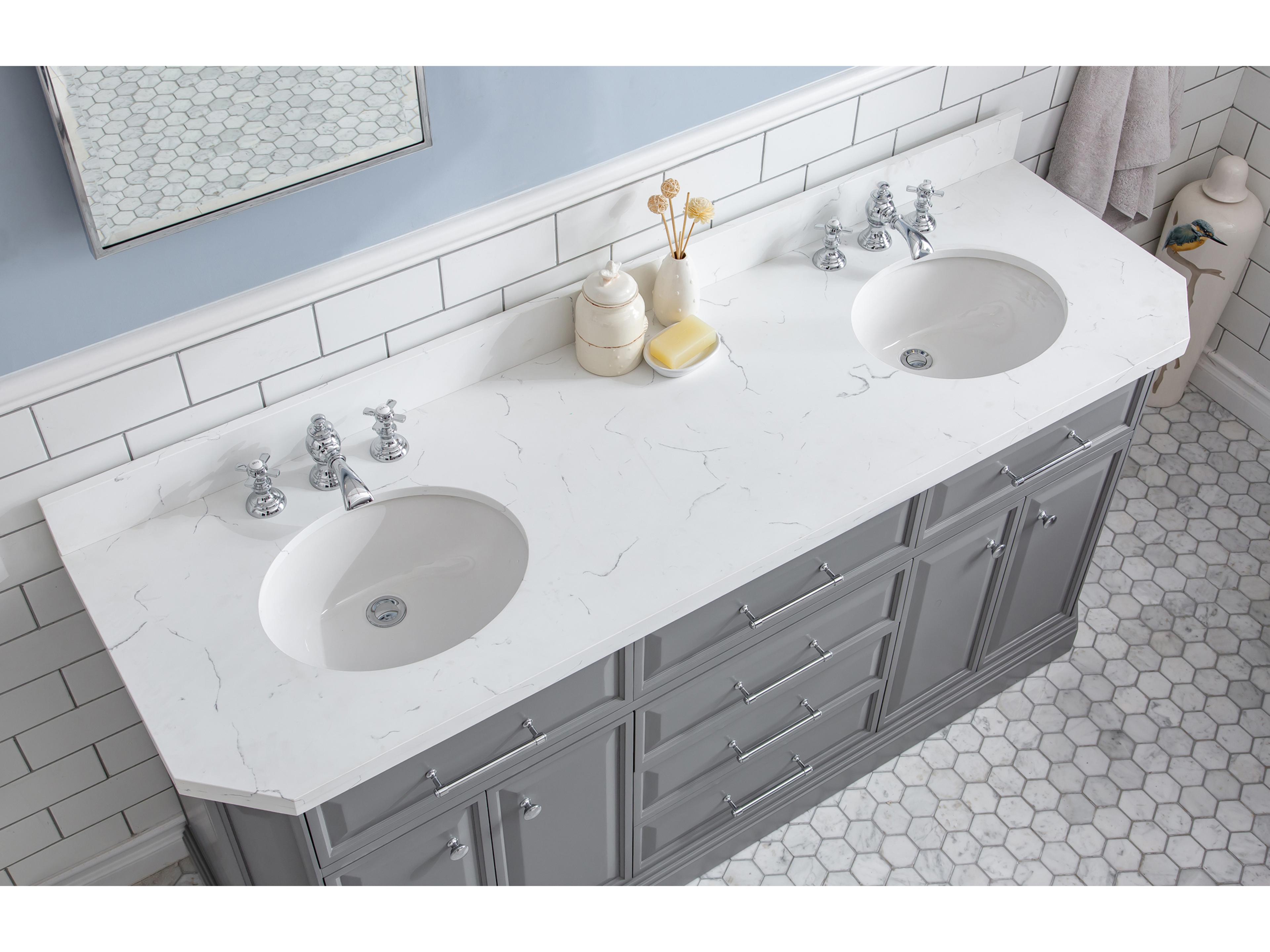 Water Creation Palace Double Sink Carrara Quartz Countertop Bath Vanity in Cashmere Grey with Chrome Hardware and Waterfall Faucets