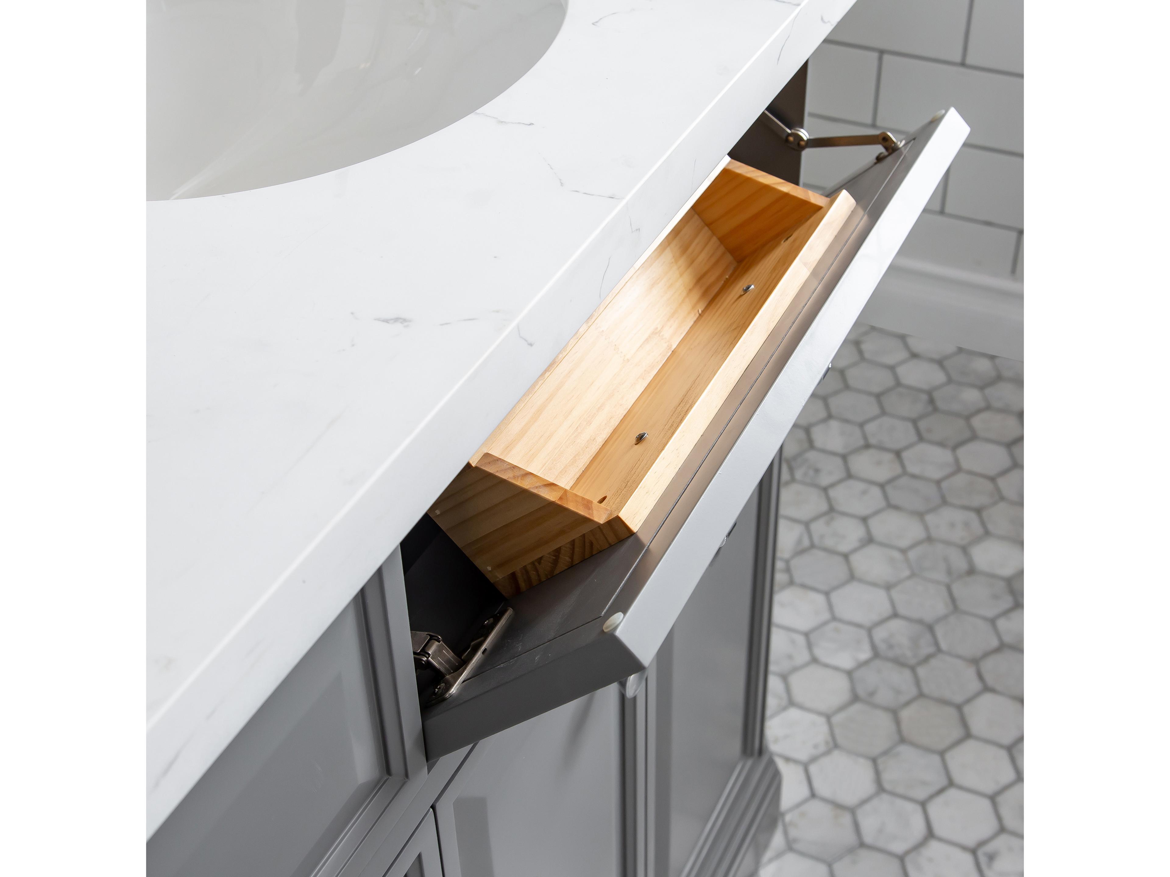 Water Creation Palace Double Sink Carrara Quartz Countertop Bath Vanity in Cashmere Grey with Chrome Hardware and Waterfall Faucets