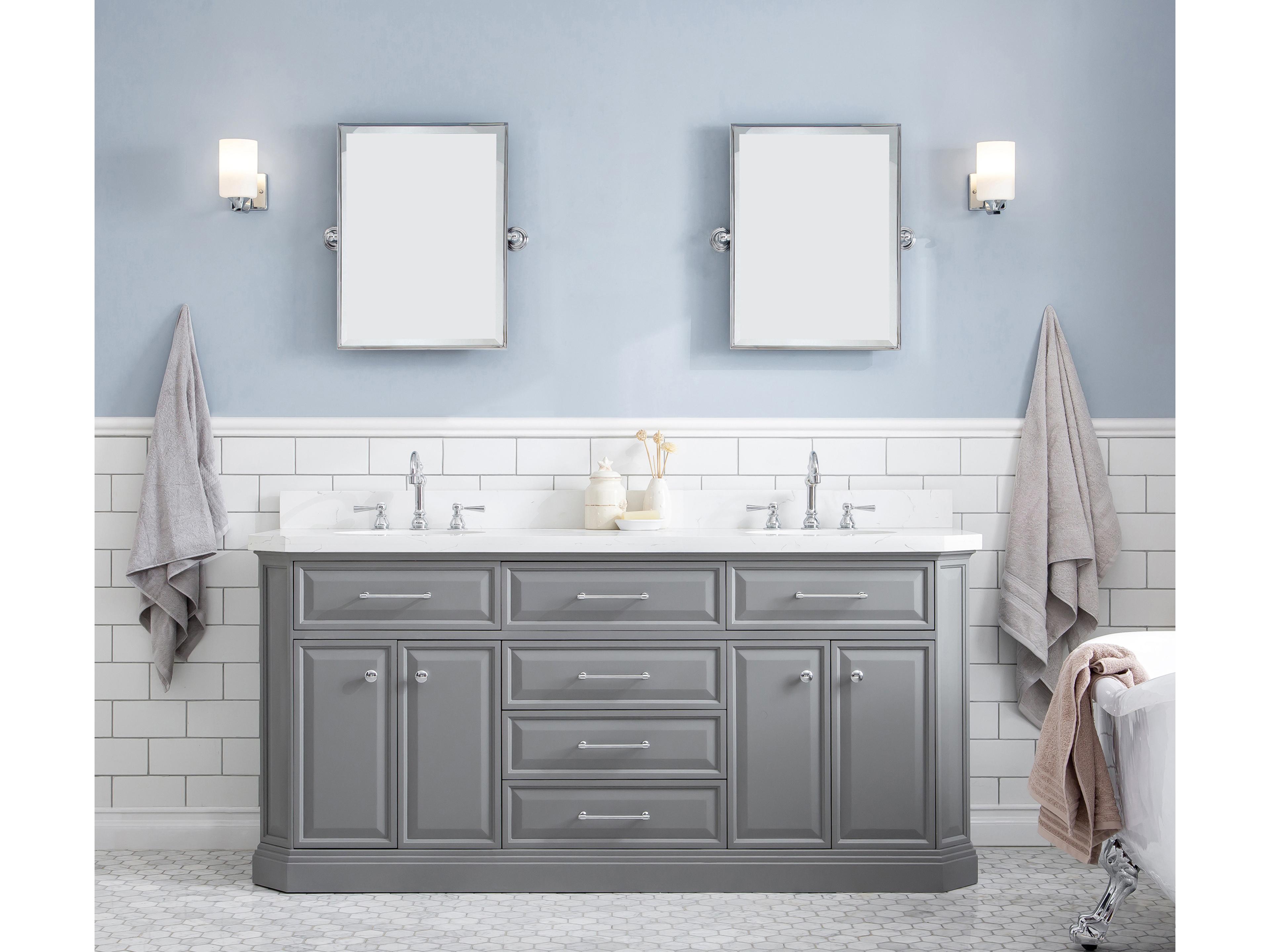 Water Creation Palace VaDouble Sink Carrara Quartz Countertop Bath Vanity in Cashmere Grey with Chrome Hardware and Hook Faucetsnity