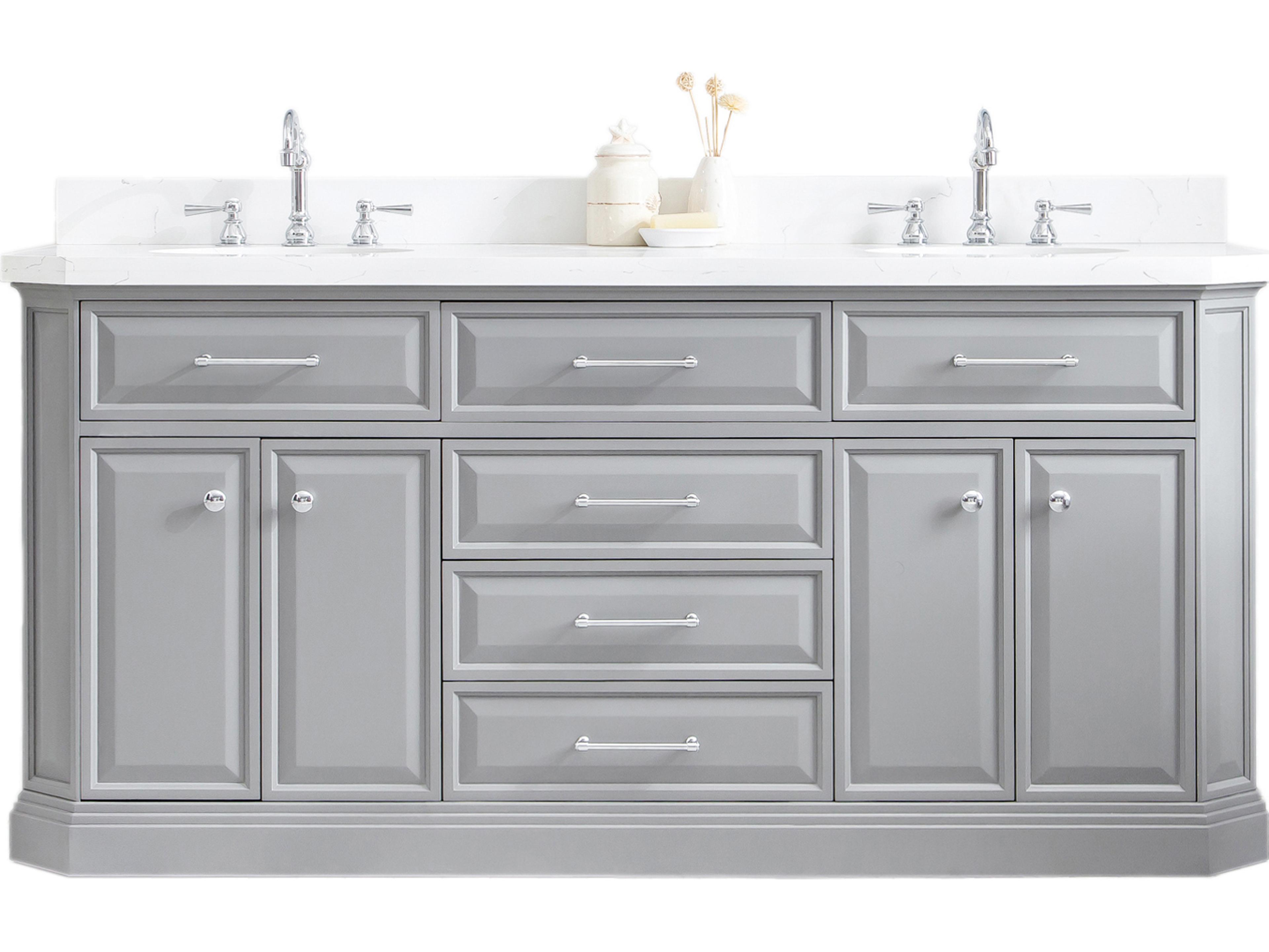 Palace VaDouble Sink Carrara Quartz Countertop Bath Vanity in Cashmere Grey with Chrome Hardware and Hook Faucetsnity