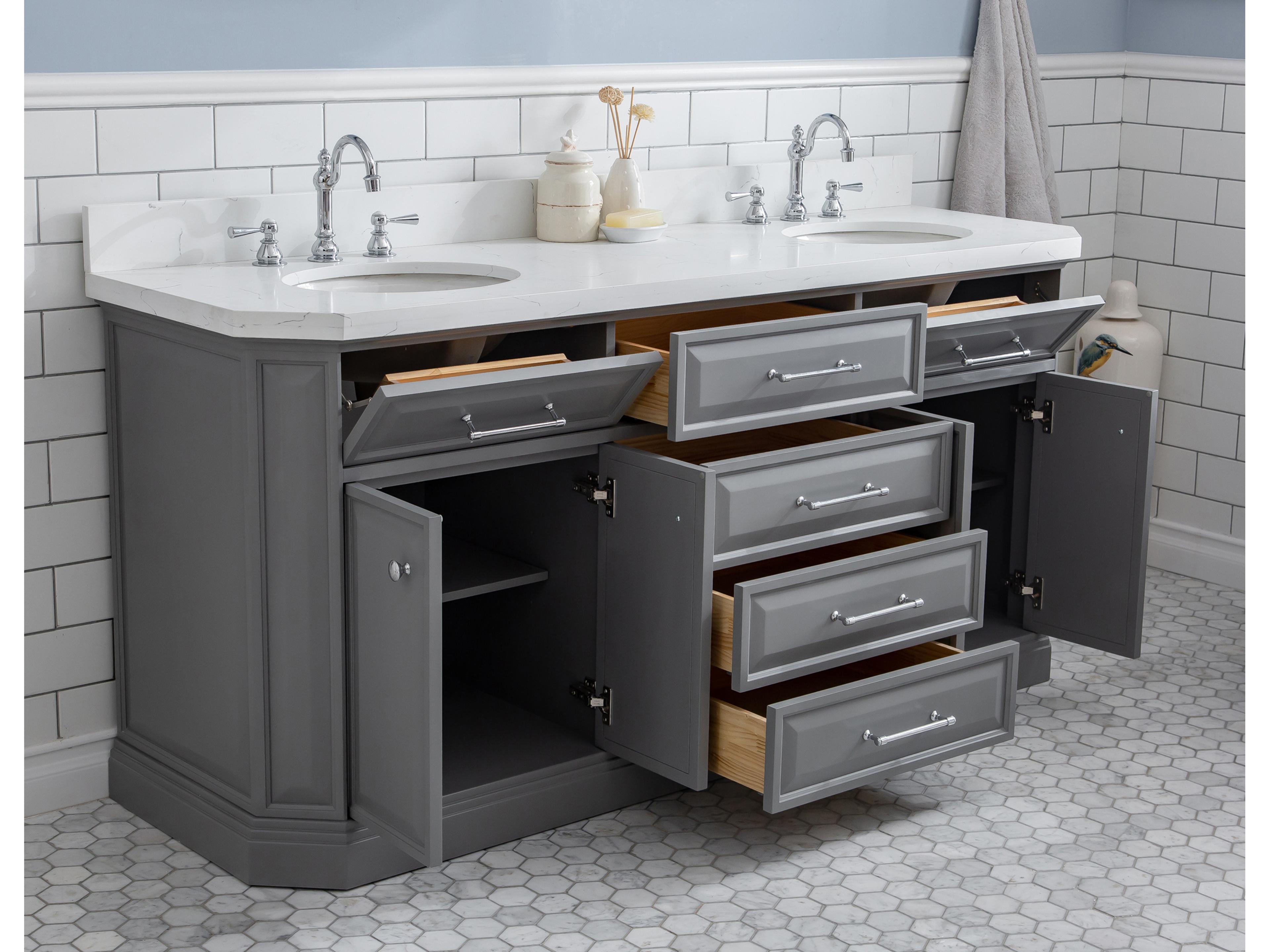 Water Creation Palace VaDouble Sink Carrara Quartz Countertop Bath Vanity in Cashmere Grey with Chrome Hardware and Hook Faucetsnity