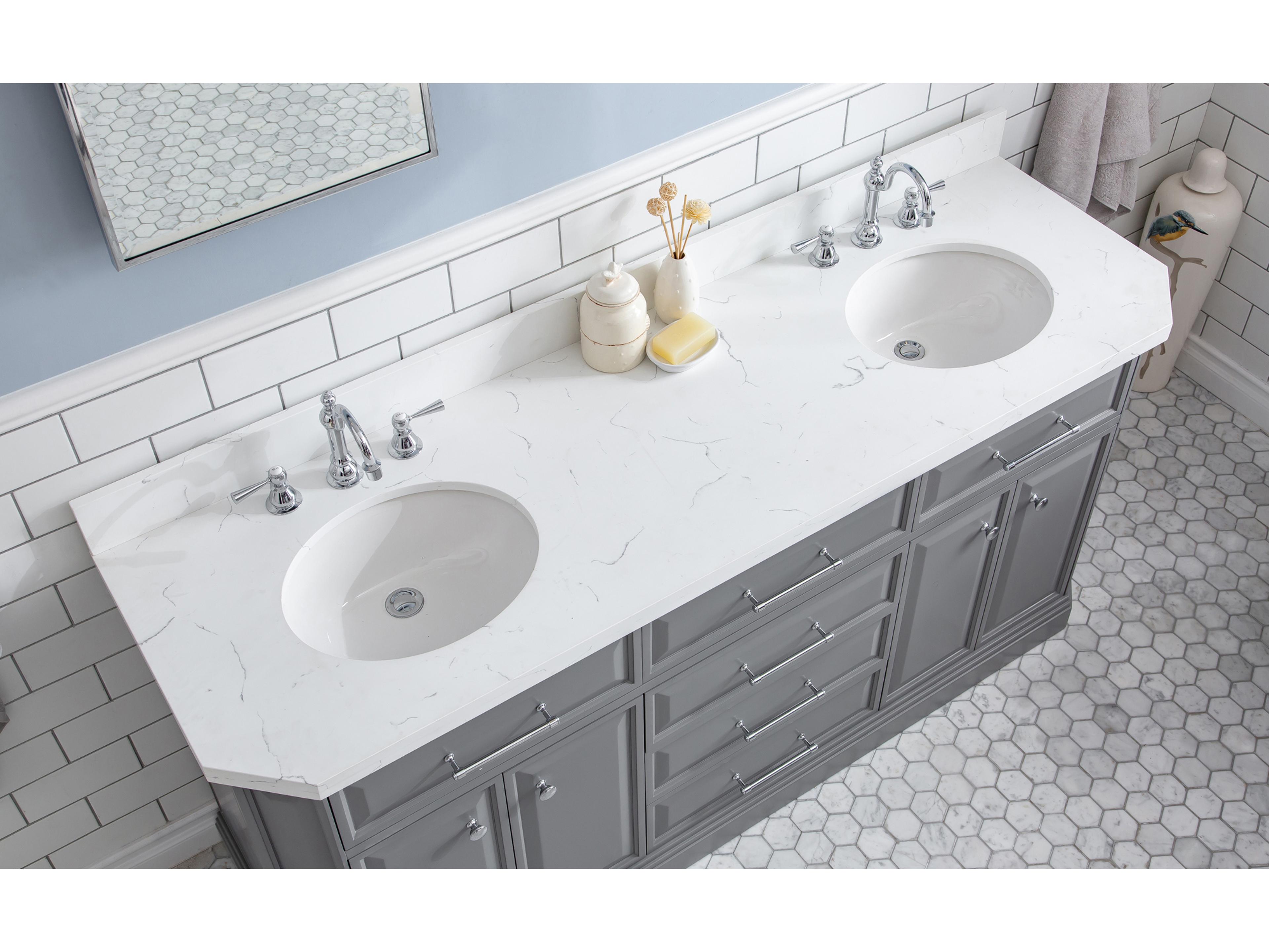 Water Creation Palace VaDouble Sink Carrara Quartz Countertop Bath Vanity in Cashmere Grey with Chrome Hardware and Hook Faucetsnity