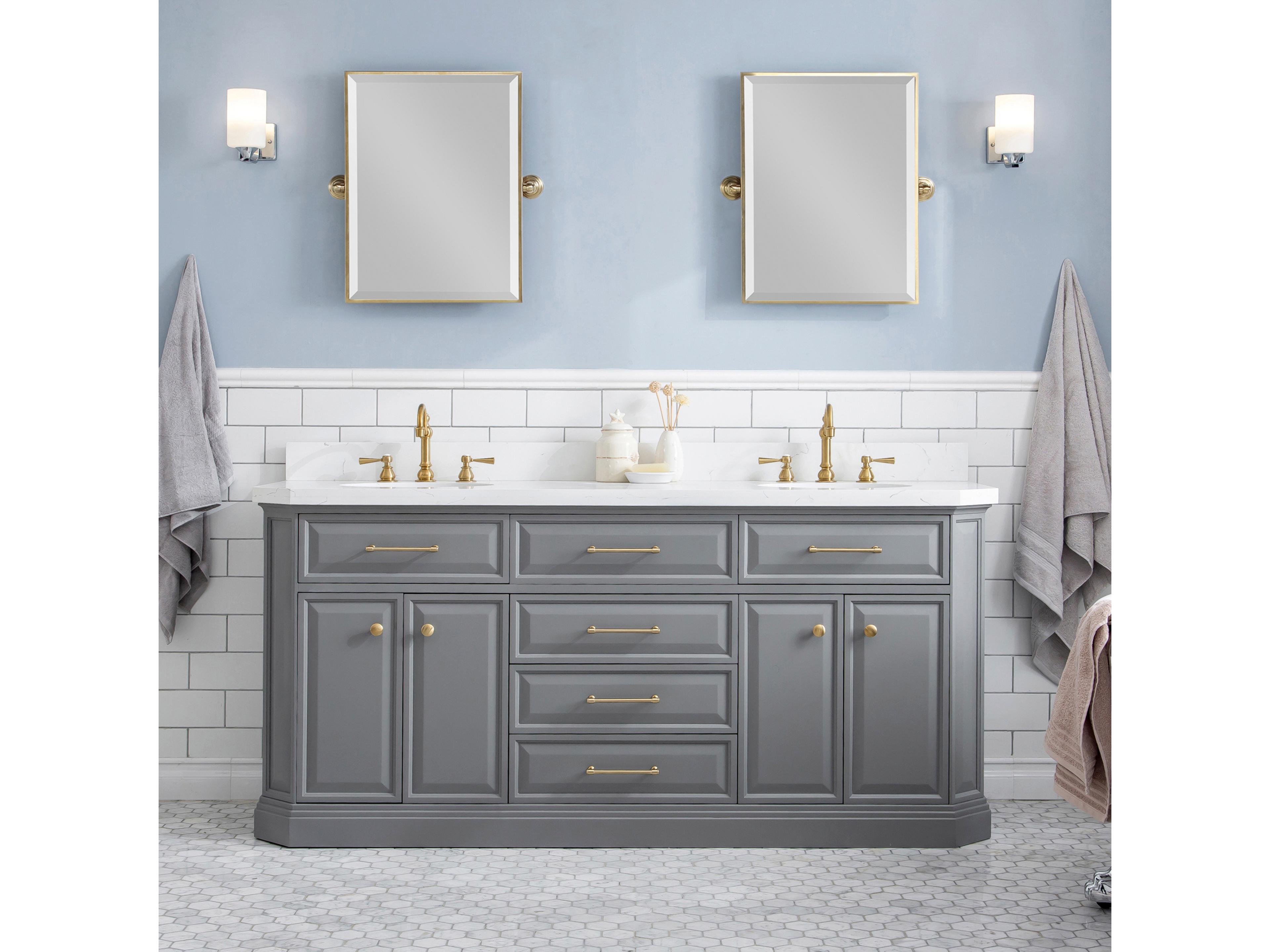 Water Creation Palace Double Sink Carrara Quartz Countertop Bath Vanity in Cashmere Grey with Satin Gold Hardware and Rectangular Pivot Mirrors