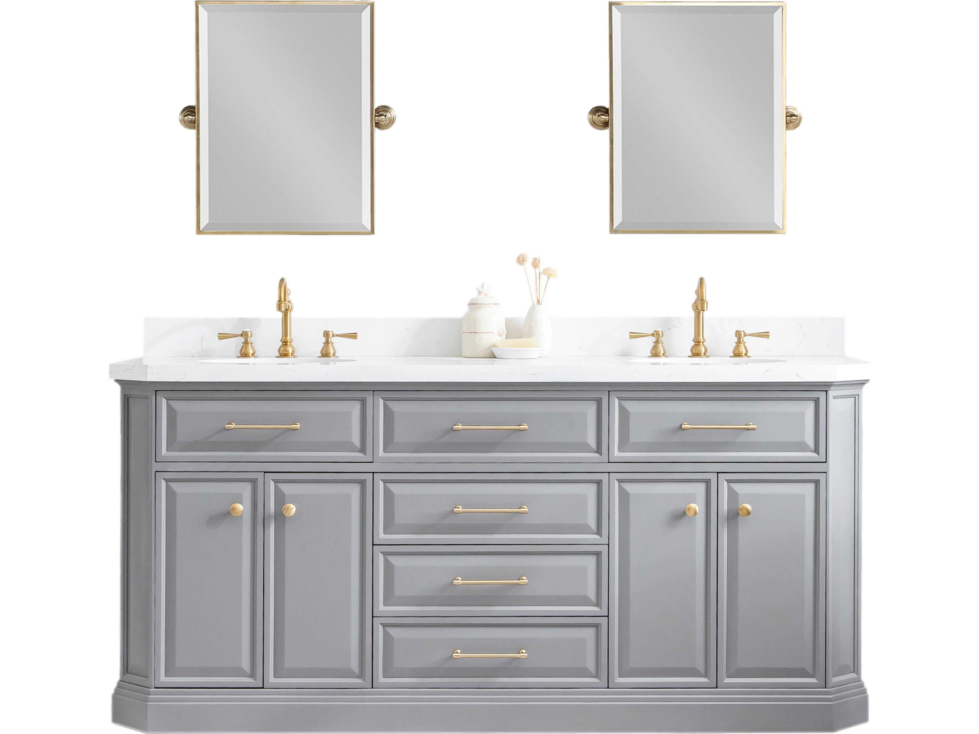 Palace Double Sink Carrara Quartz Countertop Bath Vanity in Cashmere Grey with Satin Gold Hardware and Rectangular Pivot Mirrors