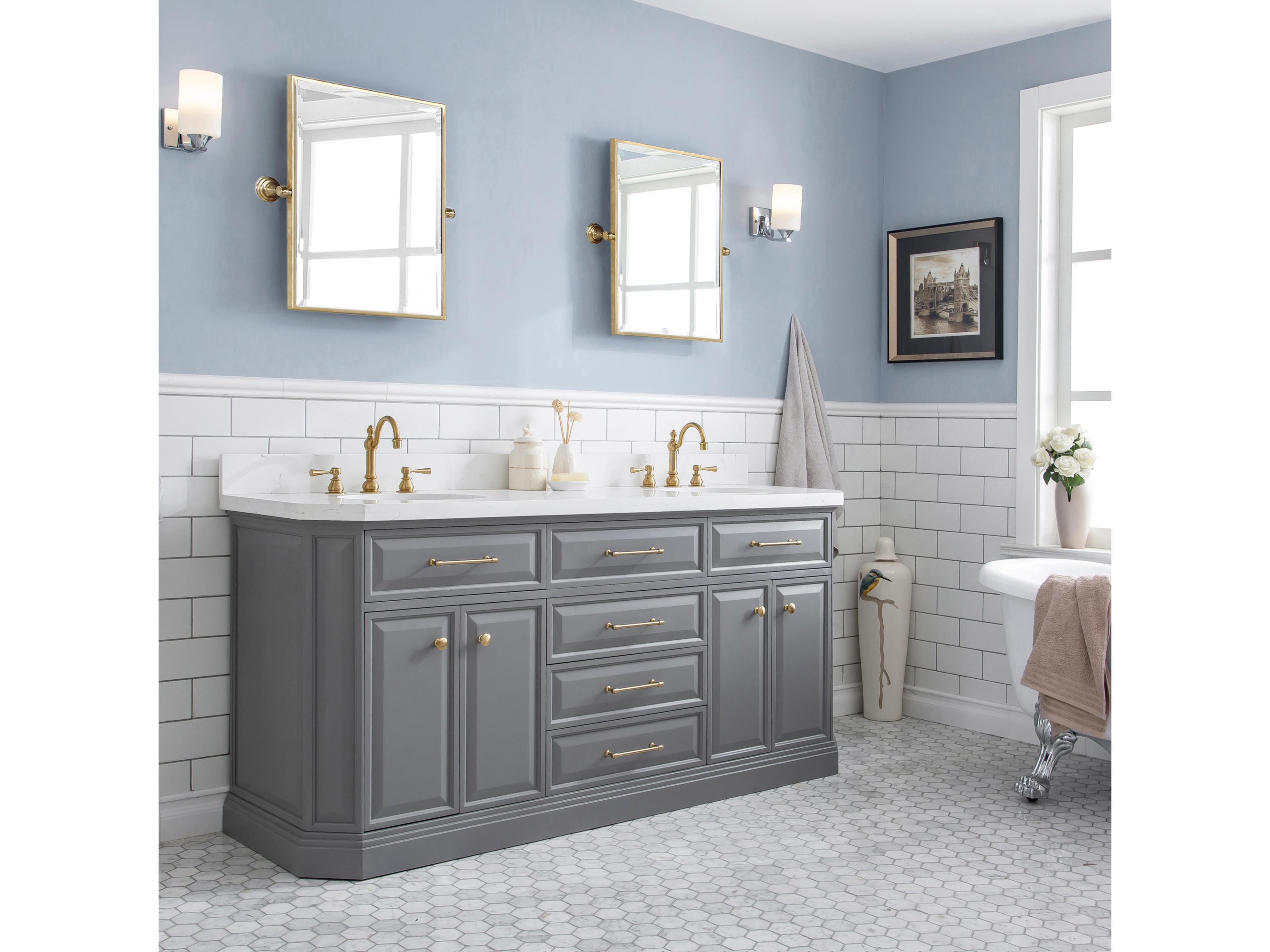 Water Creation Palace Double Sink Carrara Quartz Countertop Bath Vanity in Cashmere Grey with Satin Gold Hardware and Rectangular Pivot Mirrors
