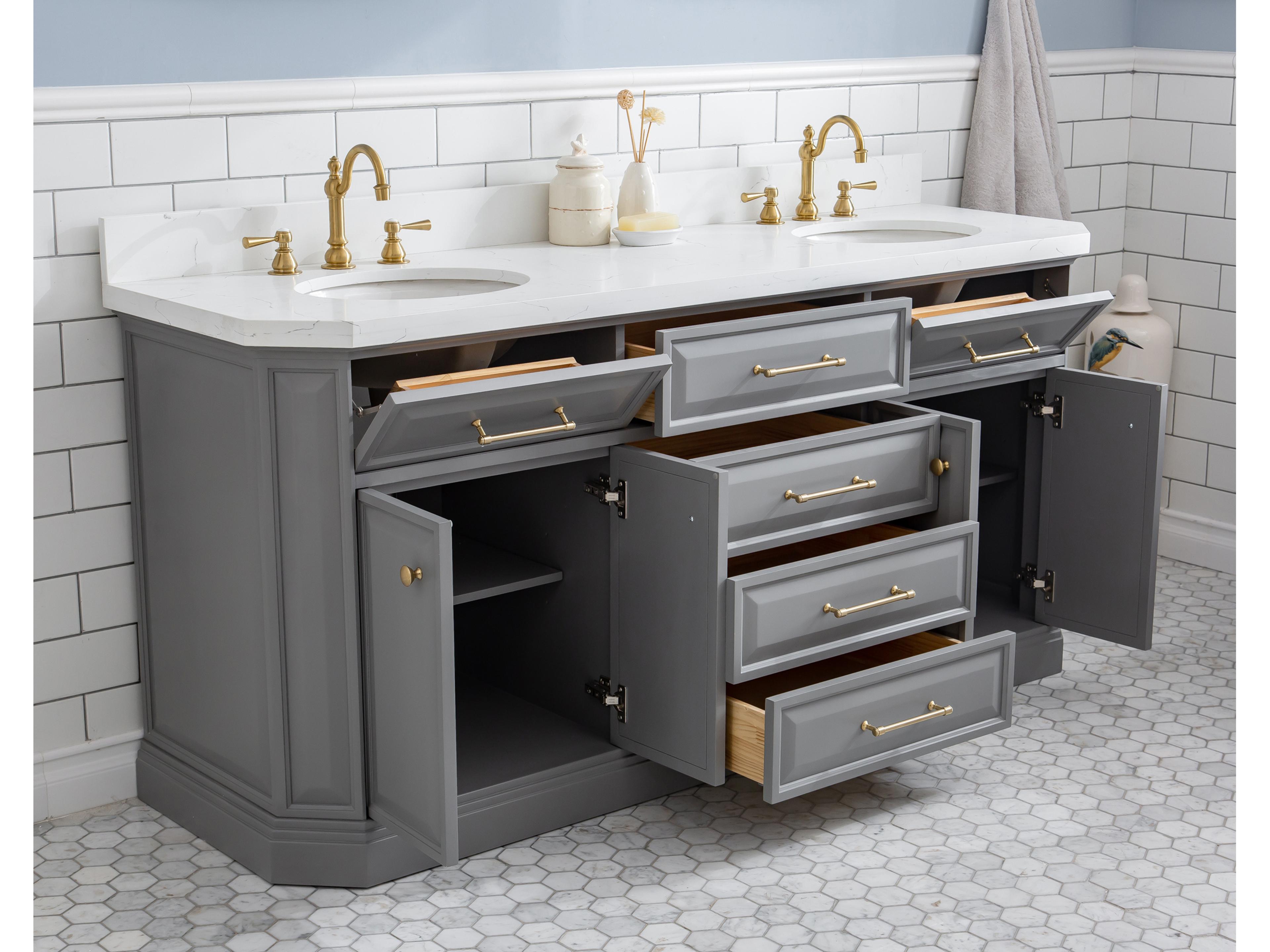 Water Creation Palace Double Sink Carrara Quartz Countertop Bath Vanity in Cashmere Grey with Satin Gold Hardware and Rectangular Pivot Mirrors