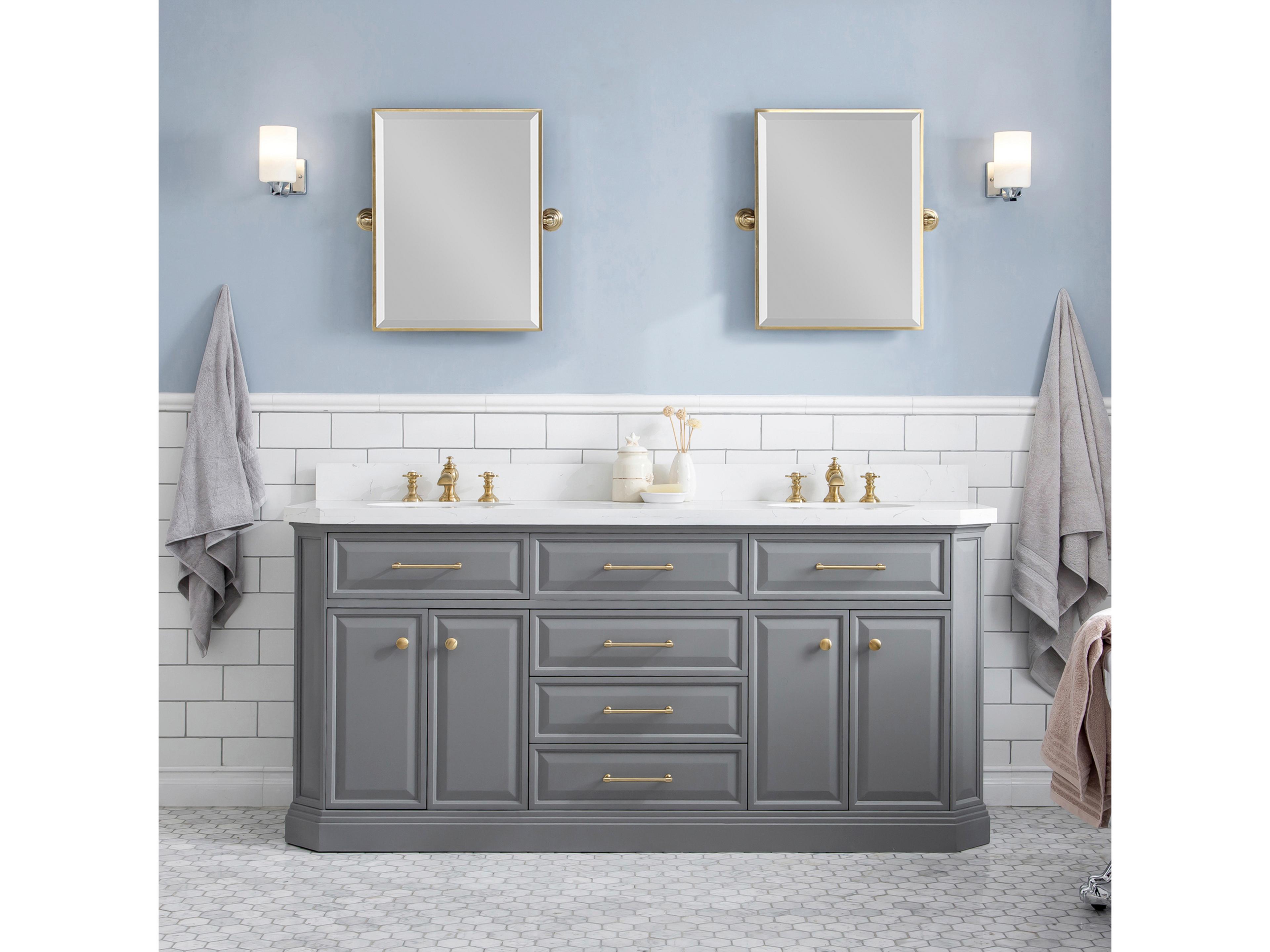 Water Creation Palace Double Sink Carrara Quartz Countertop Bath Vanity in Cashmere Grey with Satin Gold Hardware, Waterfall Faucets and Rectangular Pivot Mirrors