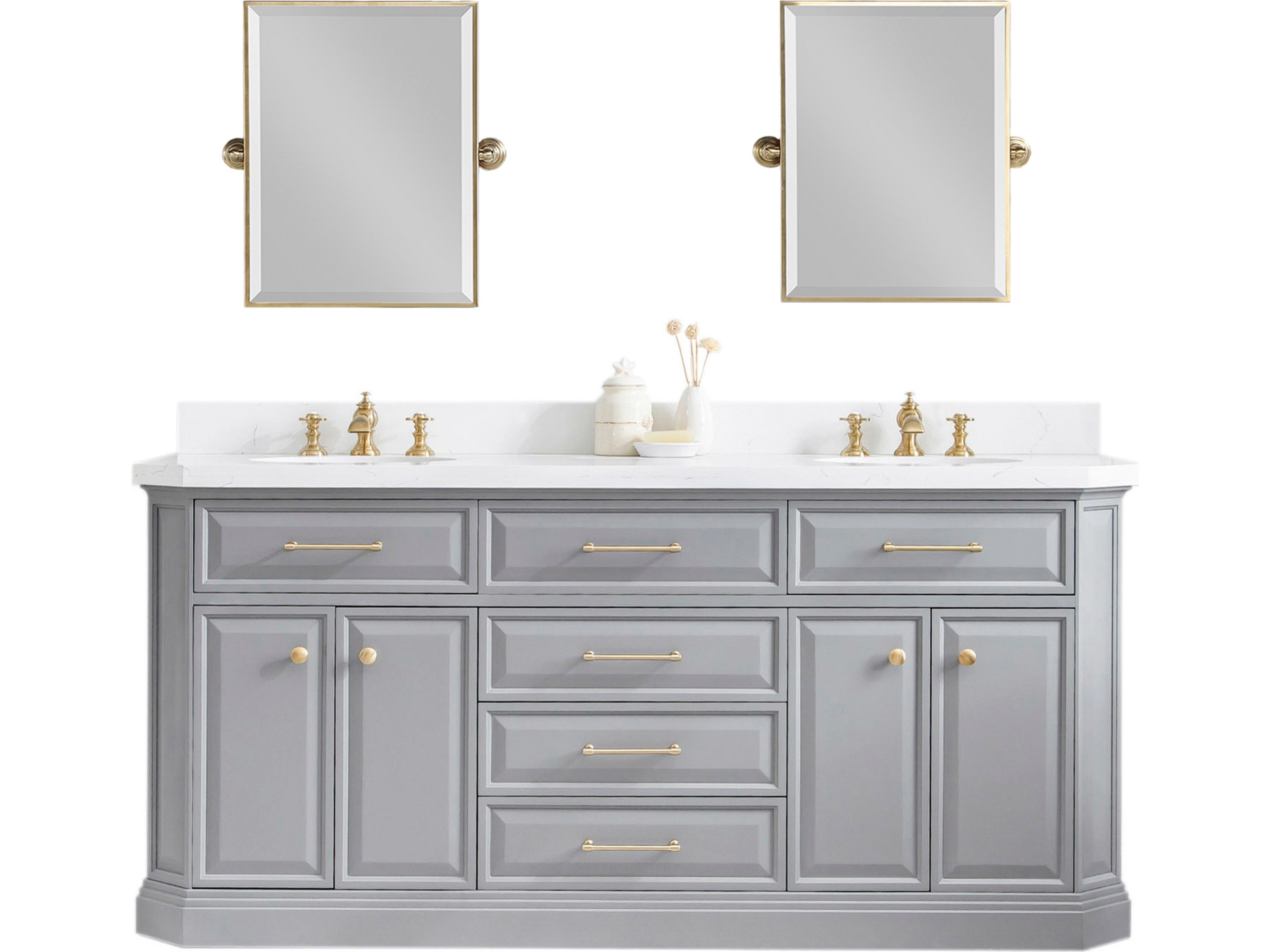 Palace Double Sink Carrara Quartz Countertop Bath Vanity in Cashmere Grey with Satin Gold Hardware, Waterfall Faucets and Rectangular Pivot Mirrors