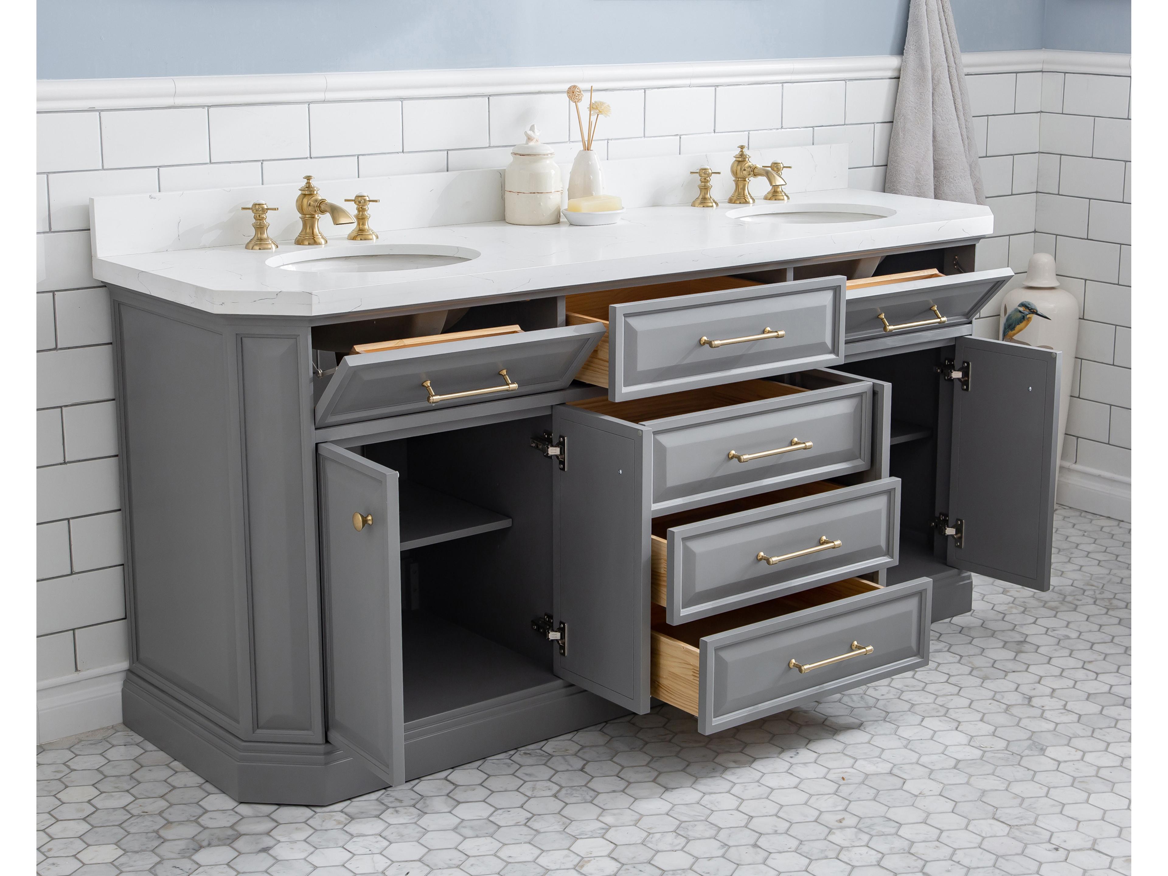 Water Creation Palace Double Sink Carrara Quartz Countertop Bath Vanity in Cashmere Grey with Satin Gold Hardware, Waterfall Faucets and Rectangular Pivot Mirrors