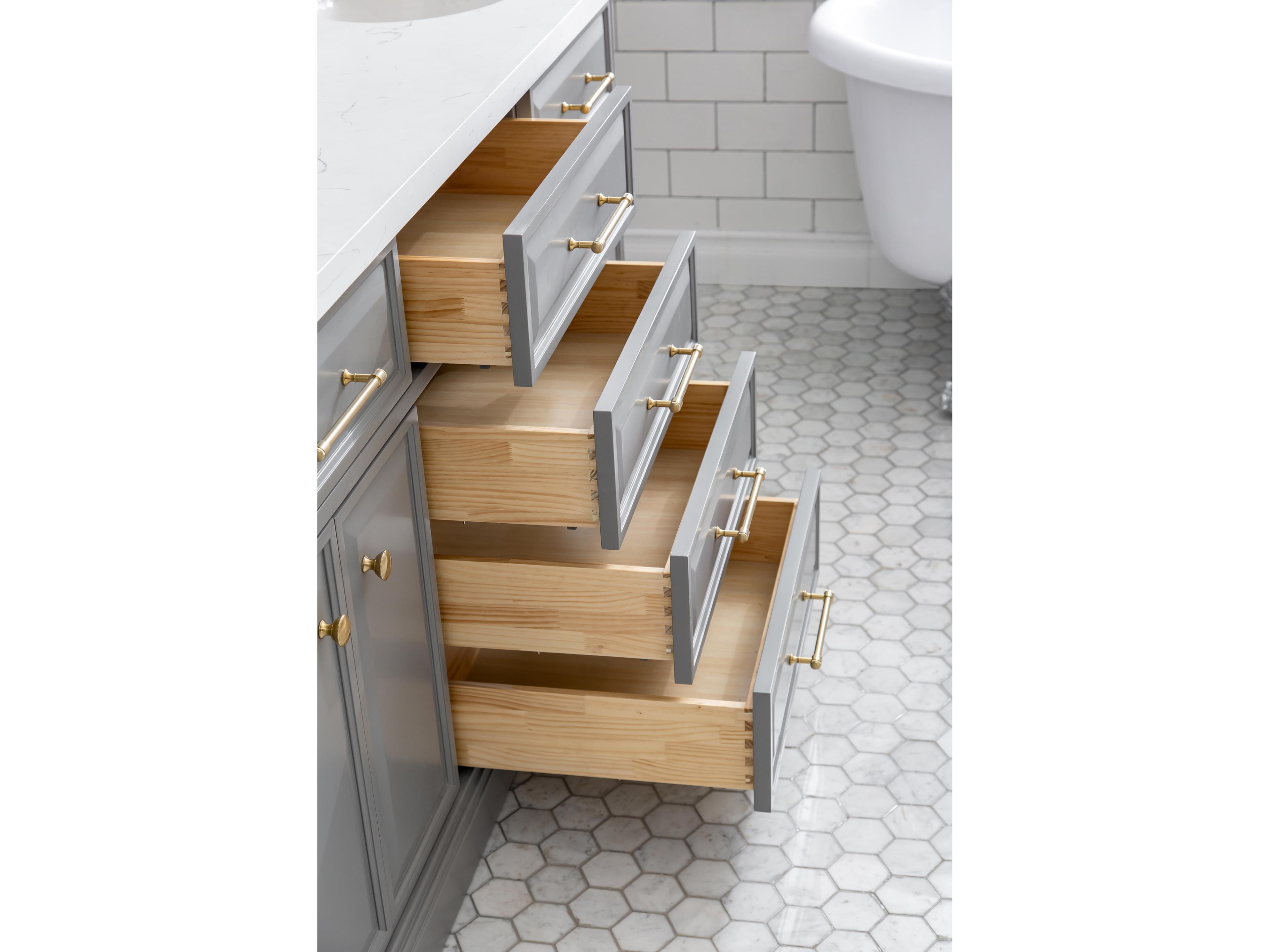 Water Creation Palace Double Sink Carrara Quartz Countertop Bath Vanity in Cashmere Grey with Satin Gold Hardware, Waterfall Faucets and Rectangular Pivot Mirrors