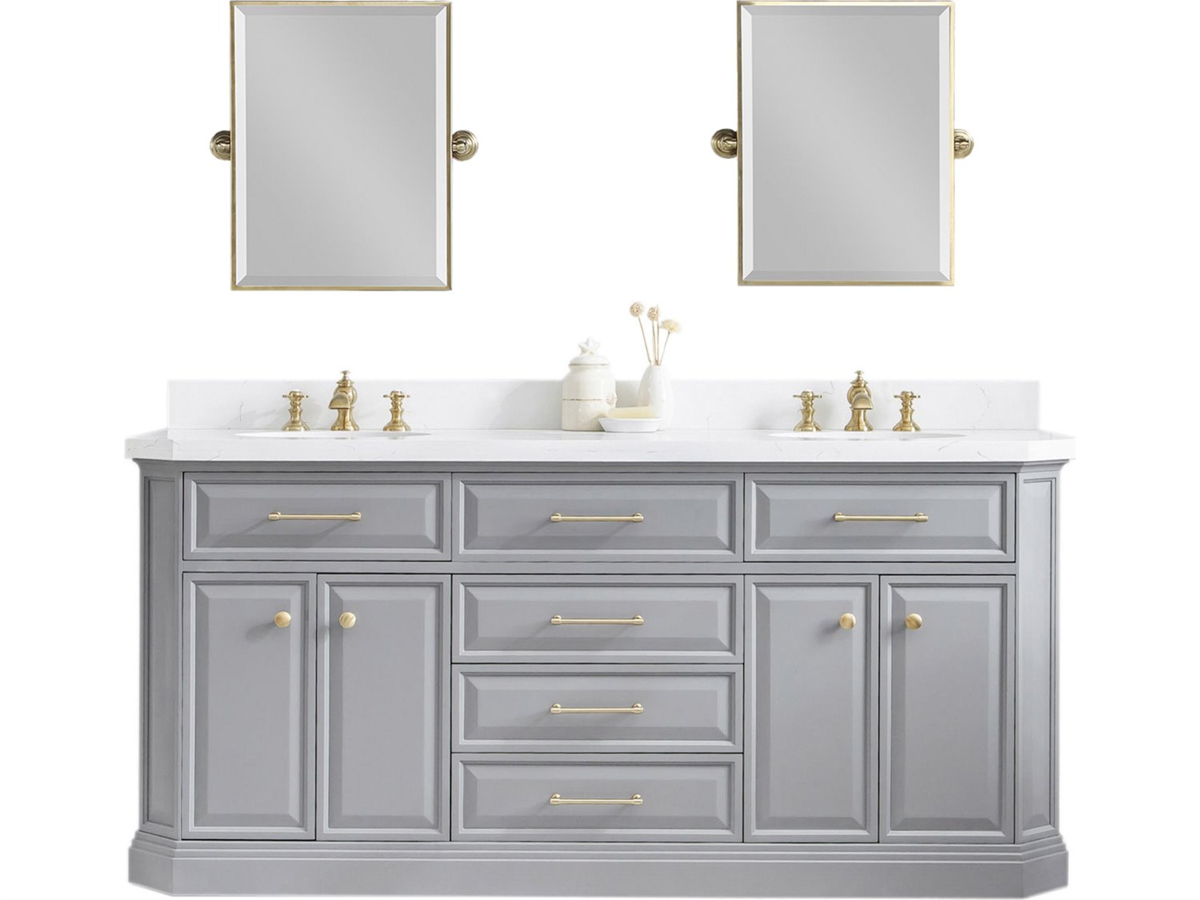 Palace Double Sink Carrara Quartz Countertop Bath Vanity in Cashmere Grey with Satin Gold Hardware, Hook Faucets and Rectangular Pivot Mirrors