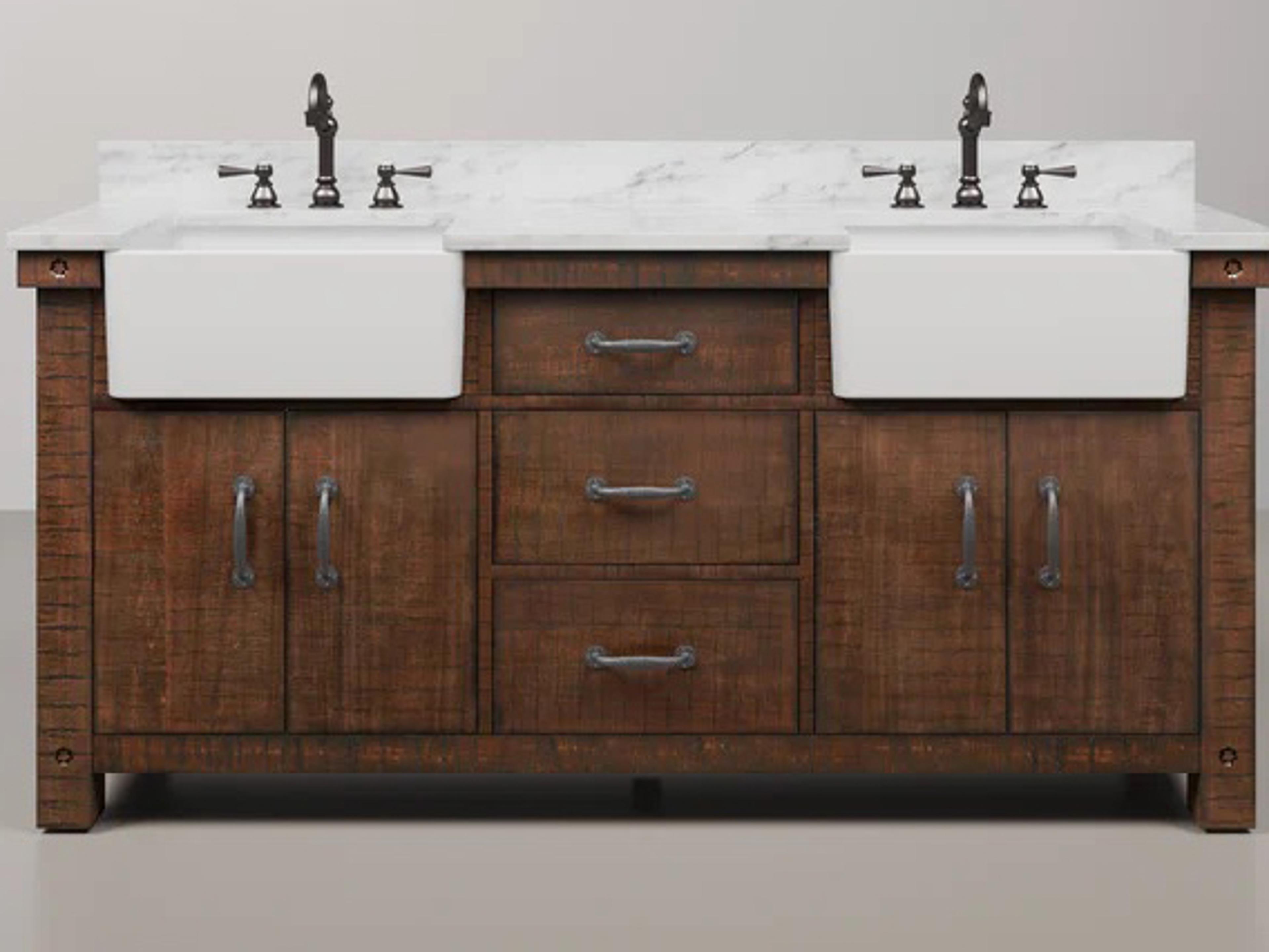 Paisley Double Sink Carrara White Marble Countertop Bath Vanity in Rustic Sienna with Oil Rubbed Bronze Hook Faucets and Barn Door Style Mirrors (S)