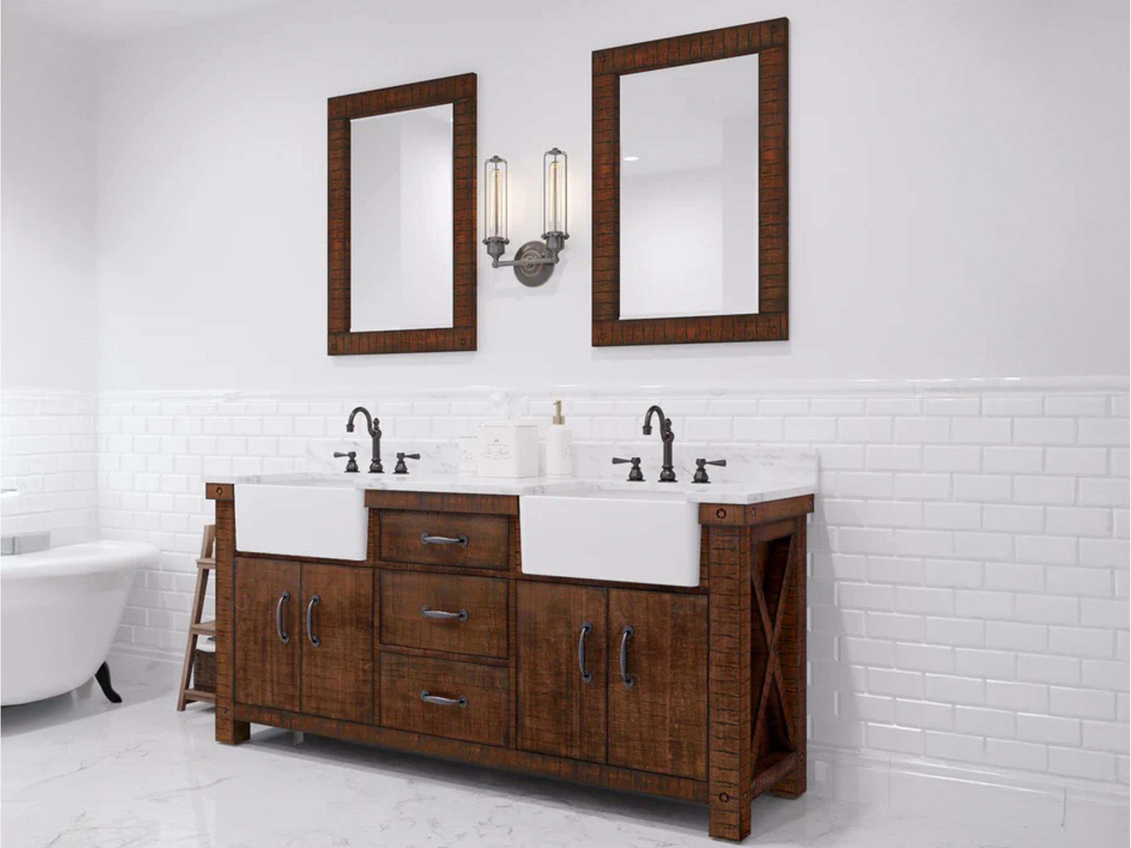 Water Creation Paisley Double Sink Carrara White Marble Countertop Bath Vanity in Rustic Sienna with Oil Rubbed Bronze Hook Faucets and Barn Door Style Mirrors (S)