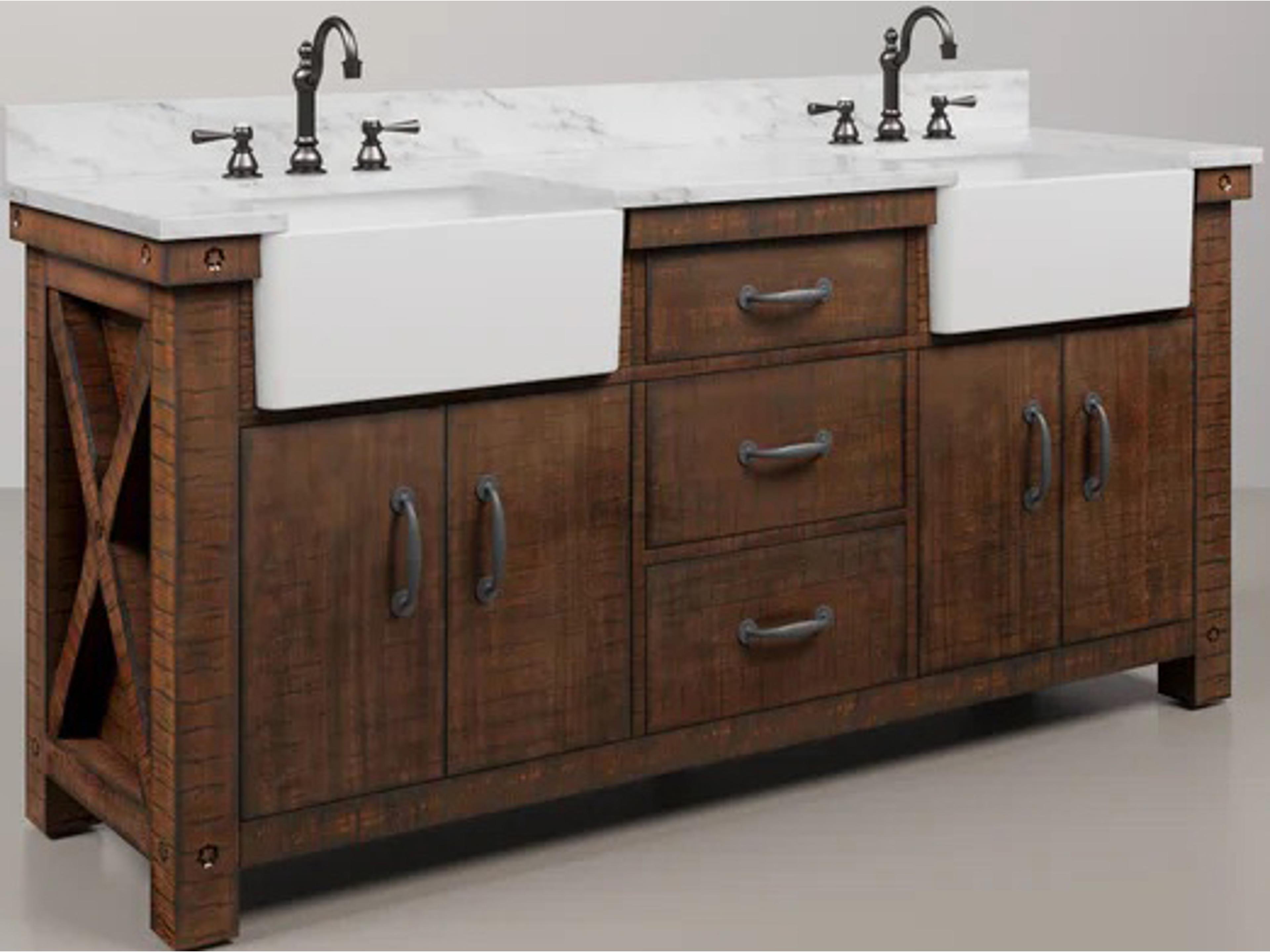 Water Creation Paisley Double Sink Carrara White Marble Countertop Bath Vanity in Rustic Sienna with Oil Rubbed Bronze Hook Faucets and Barn Door Style Mirrors (S)