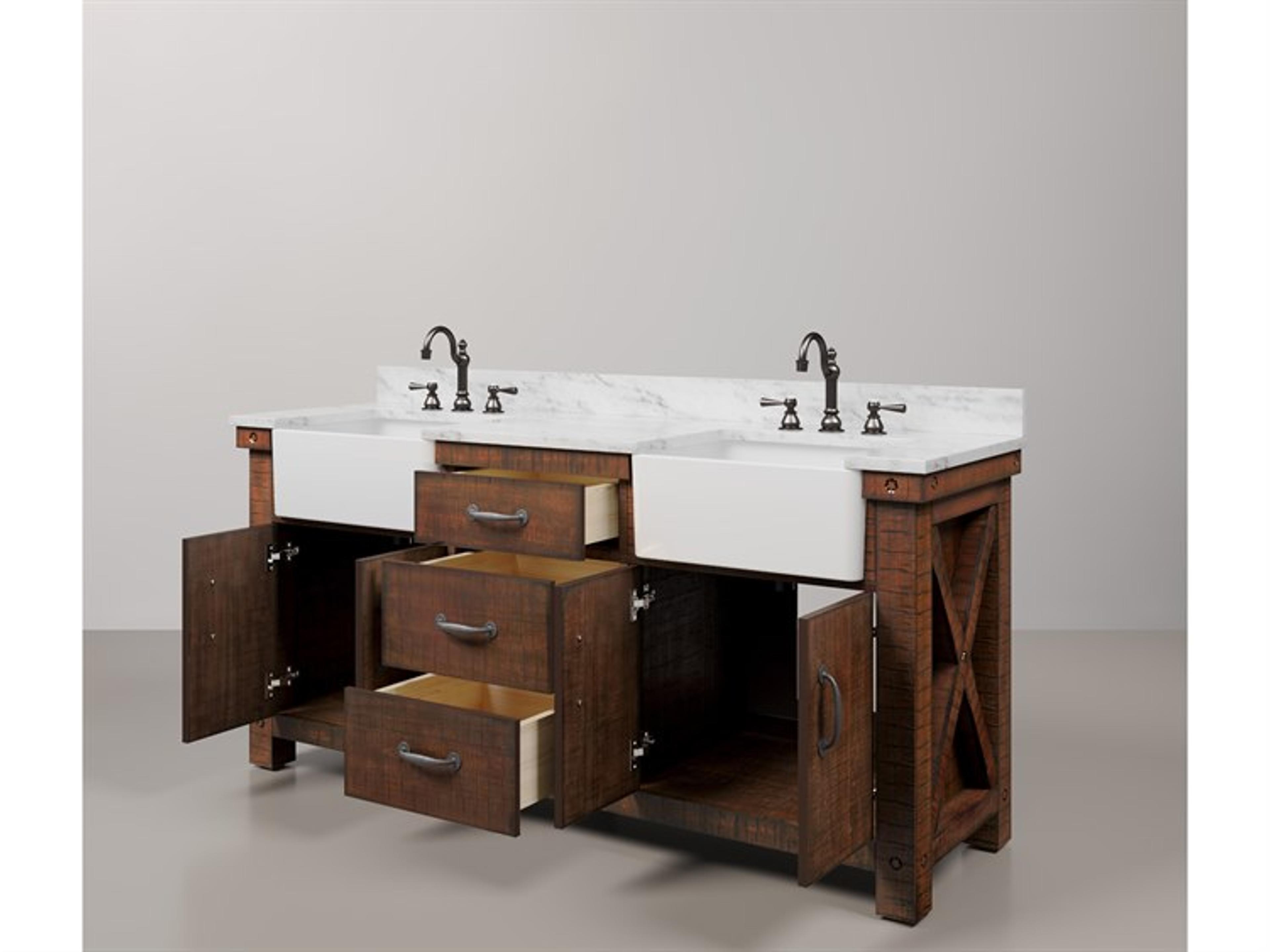 Water Creation Paisley Double Sink Carrara White Marble Countertop Bath Vanity in Rustic Sienna with Oil Rubbed Bronze Hook Faucets and Barn Door Style Mirrors (S)
