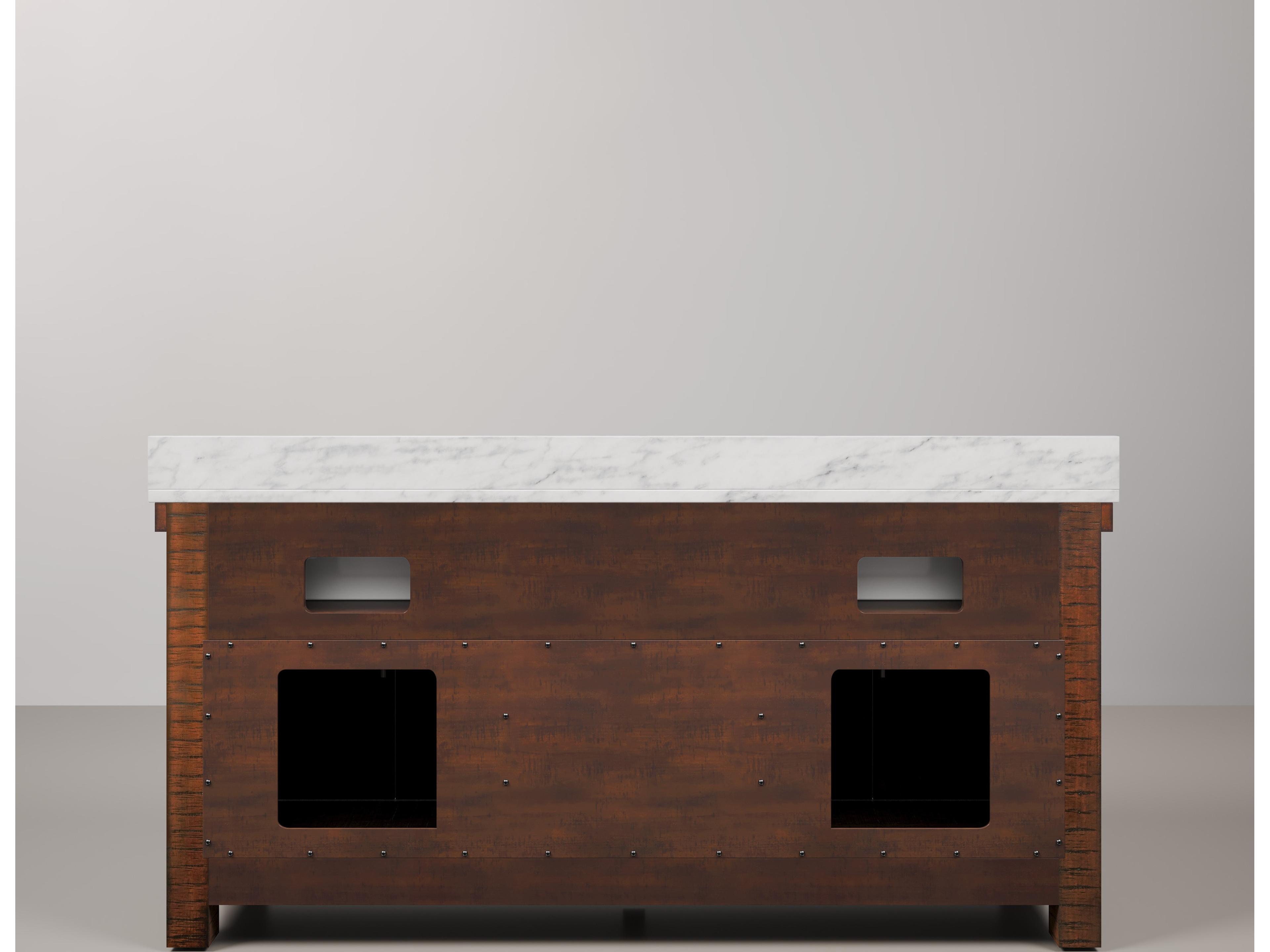 Water Creation Paisley Double Sink Carrara White Marble Countertop Bath Vanity in Rustic Sienna with Oil Rubbed Bronze Hook Faucets and Barn Door Style Mirrors (S)