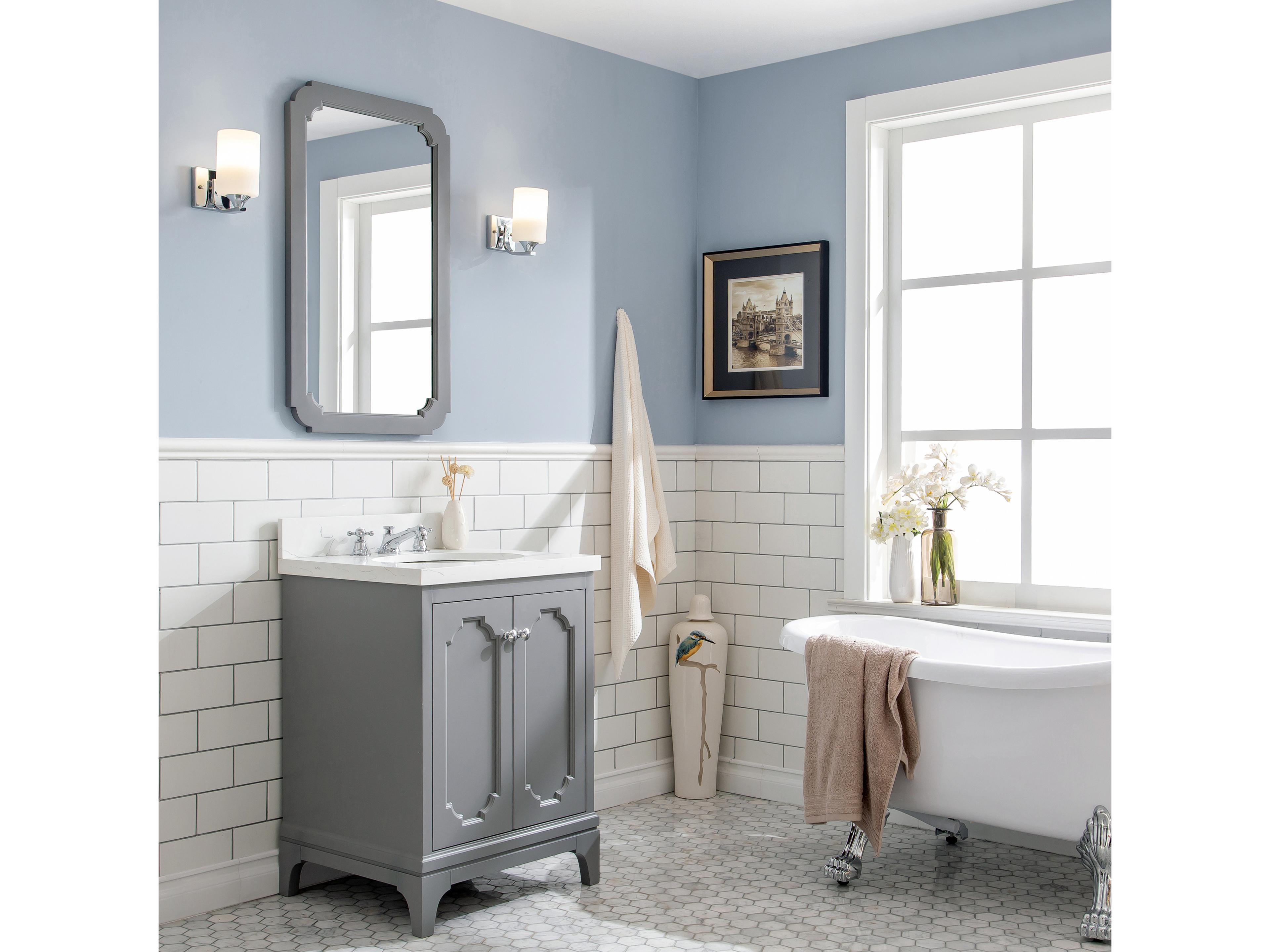 Water Creation Queen Single Sink Sink Carrara Quartz Countertop Bath Vanity in Cashmere Grey with Chrome Hardware