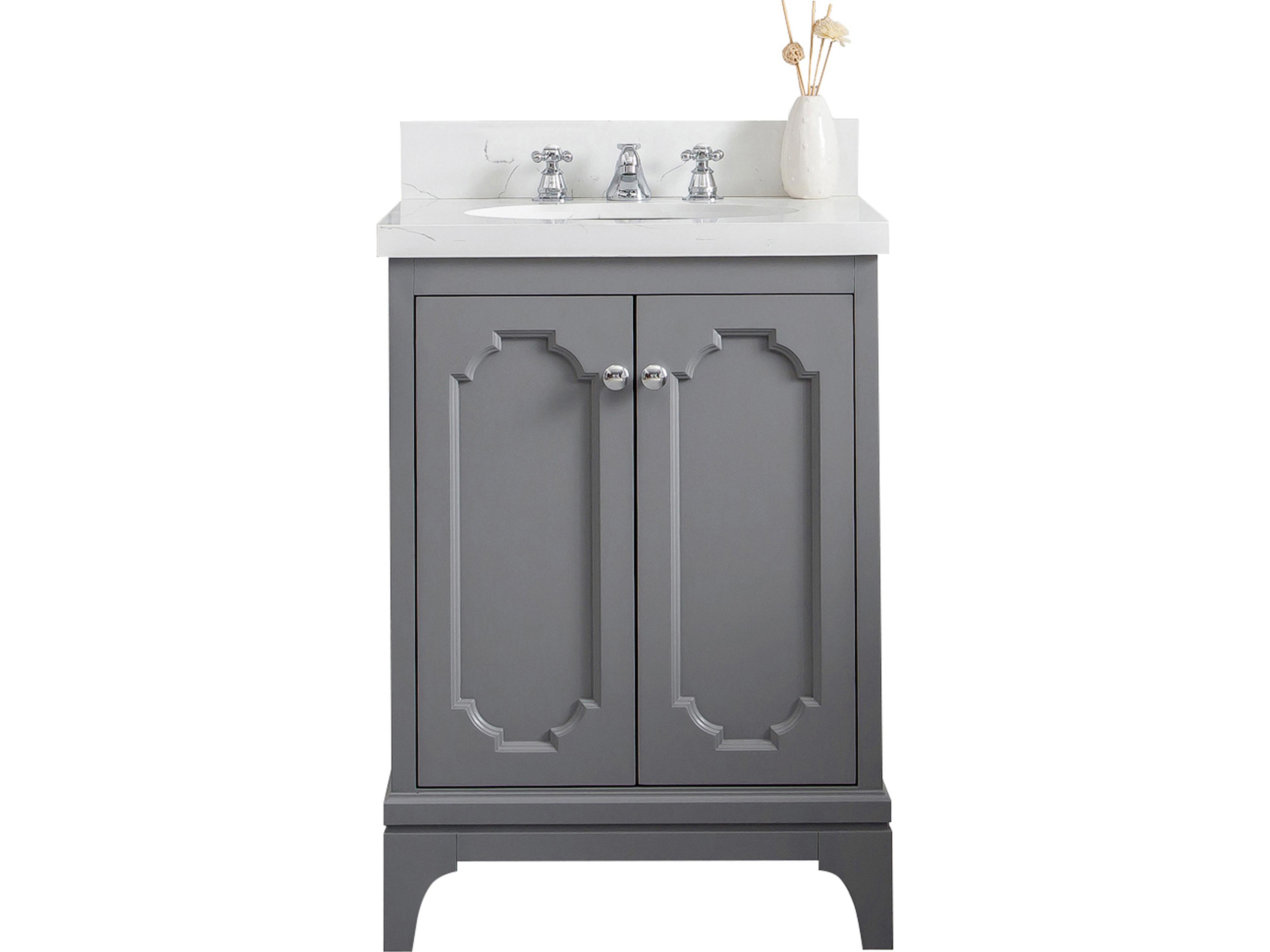 Water Creation Queen Single Sink Sink Carrara Quartz Countertop Bath Vanity in Cashmere Grey with Chrome Hardware and Classic Faucet